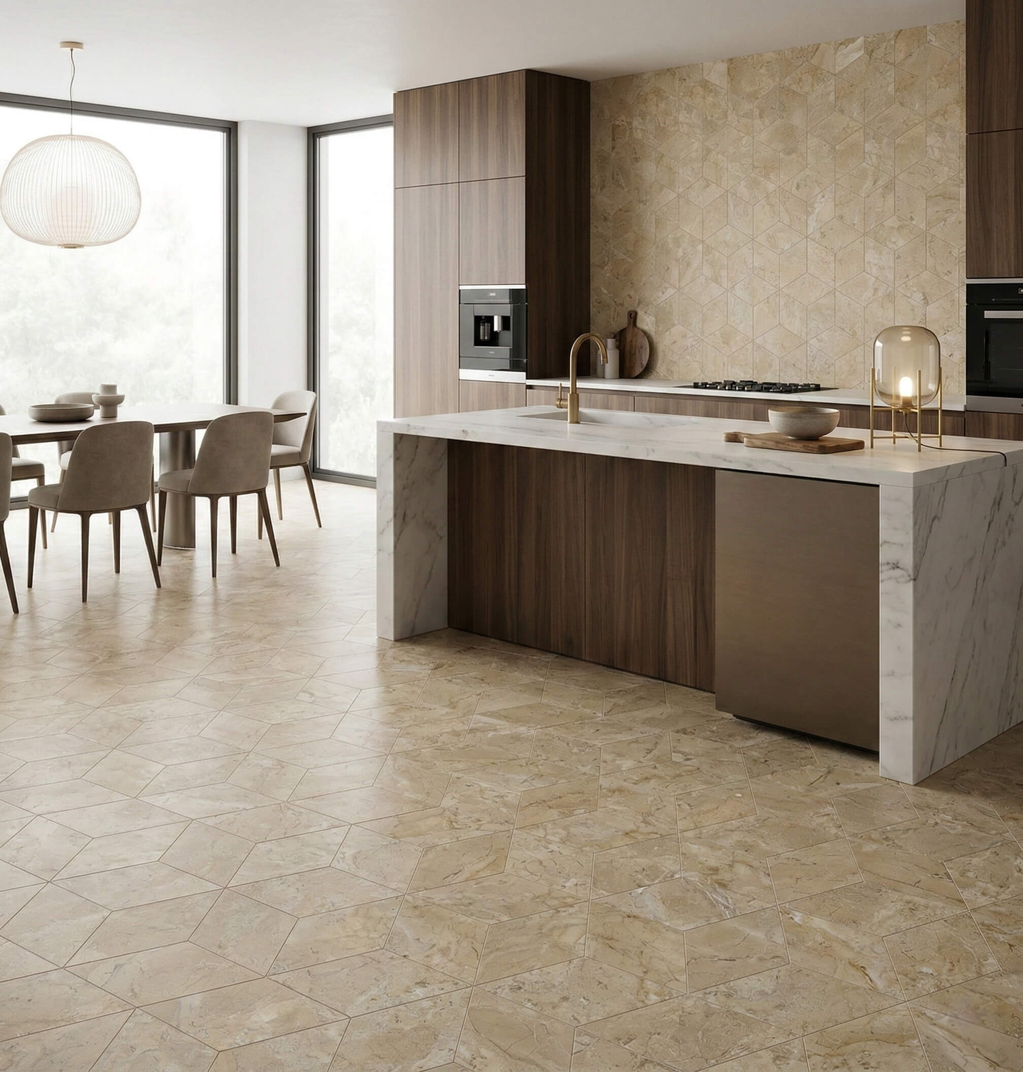 Upscale kitchen and dining space featuring Honed Amber Gold marble 3D cube hexagon floor tiles and backsplash.