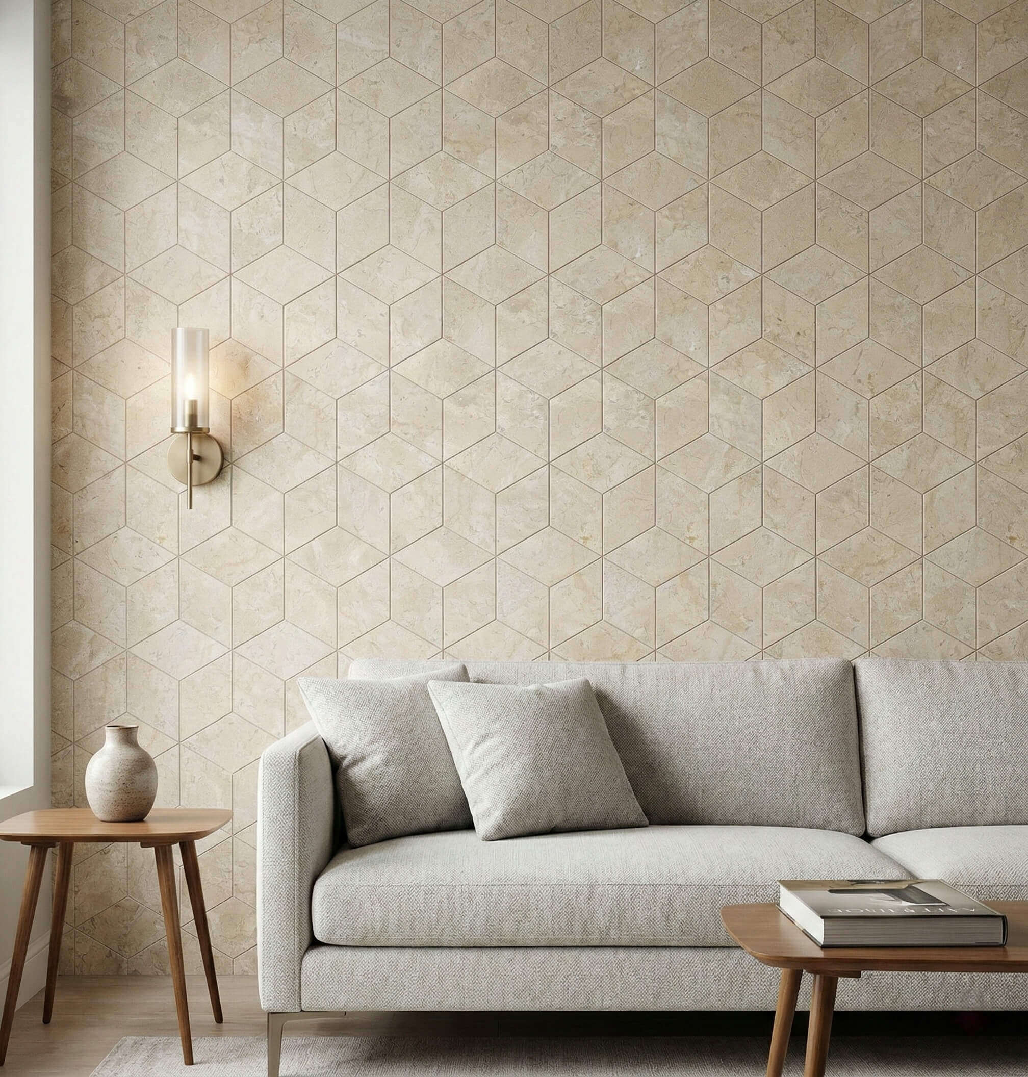 Warm living room feature wall styled with Honed Amber Gold marble 3D cube pattern hexagon tiles and modern sofa.