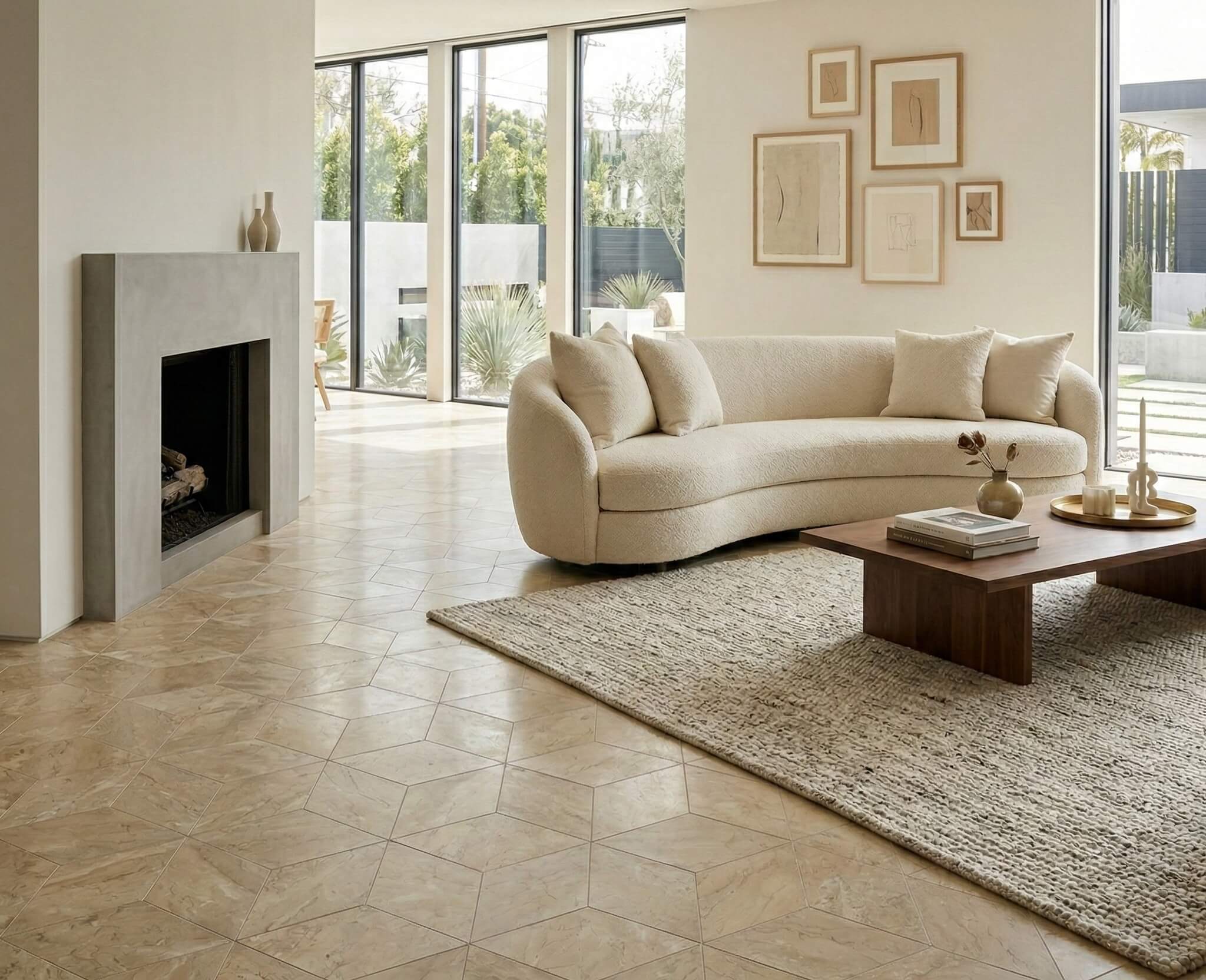 Open-concept luxury lounge area floor laid with Honed Amber Gold natural marble 11.4-inch 3D cube hexagon tiles.