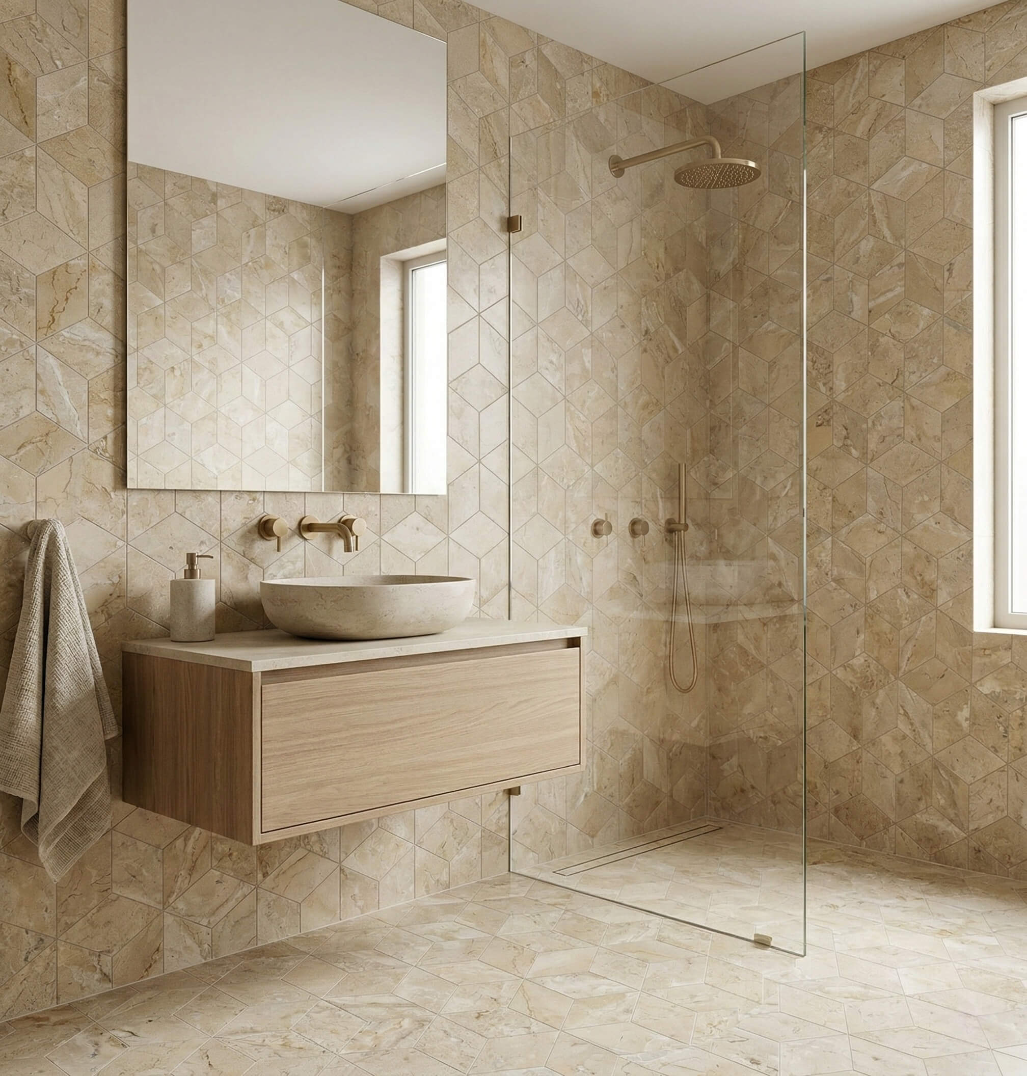 Luxury glass shower enclosure and floor featuring Honed Amber Gold marble 3D cube pattern hexagon tiles throughout.