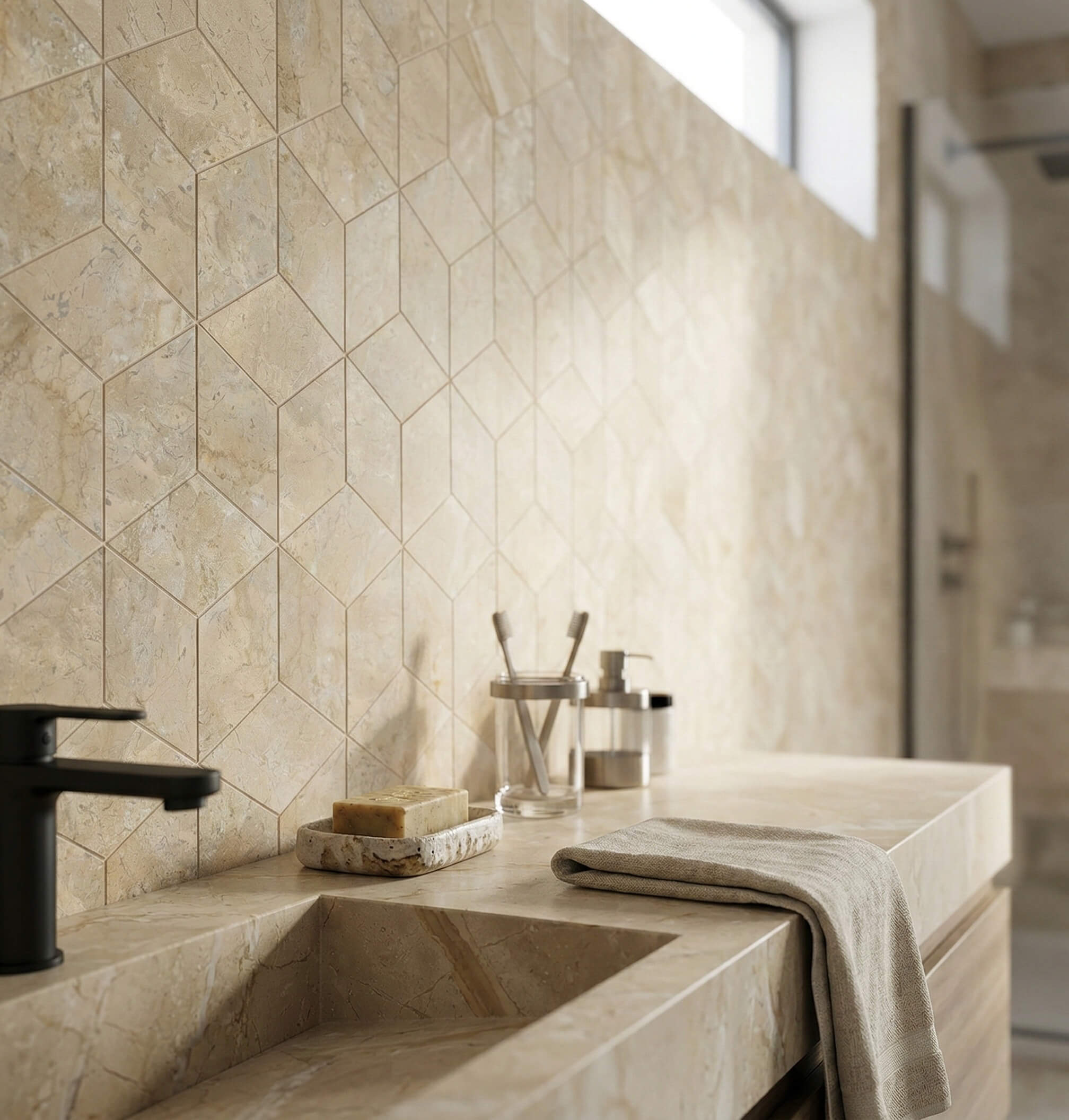 Vanity backsplash installed with Honed Amber Gold marble 3D hexagon tiles paired with a integrated sink.