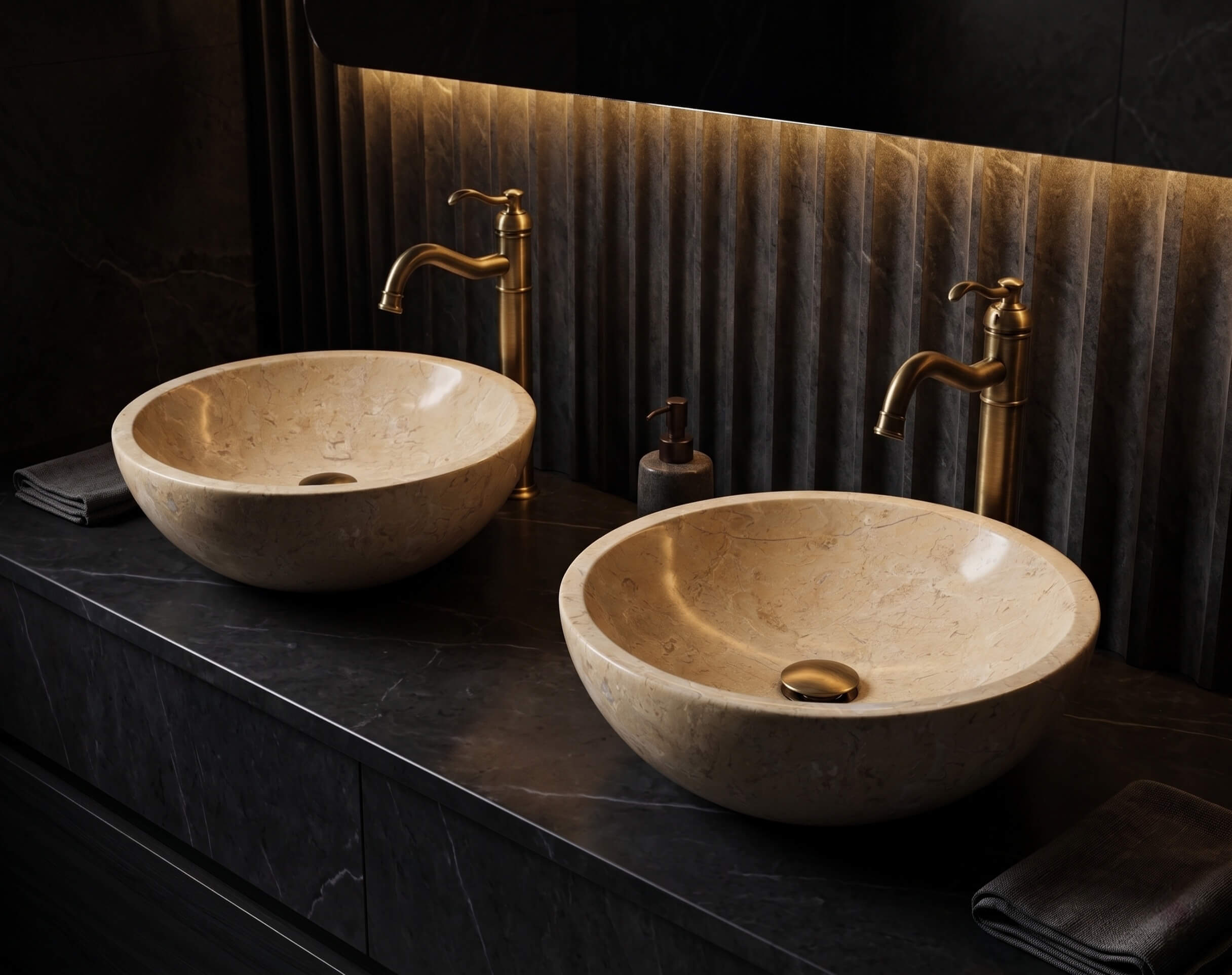 Two Amber Gold marble vessel sinks on black marble counter with brass faucets and fluted stone wall, dark moody spa bathroom.