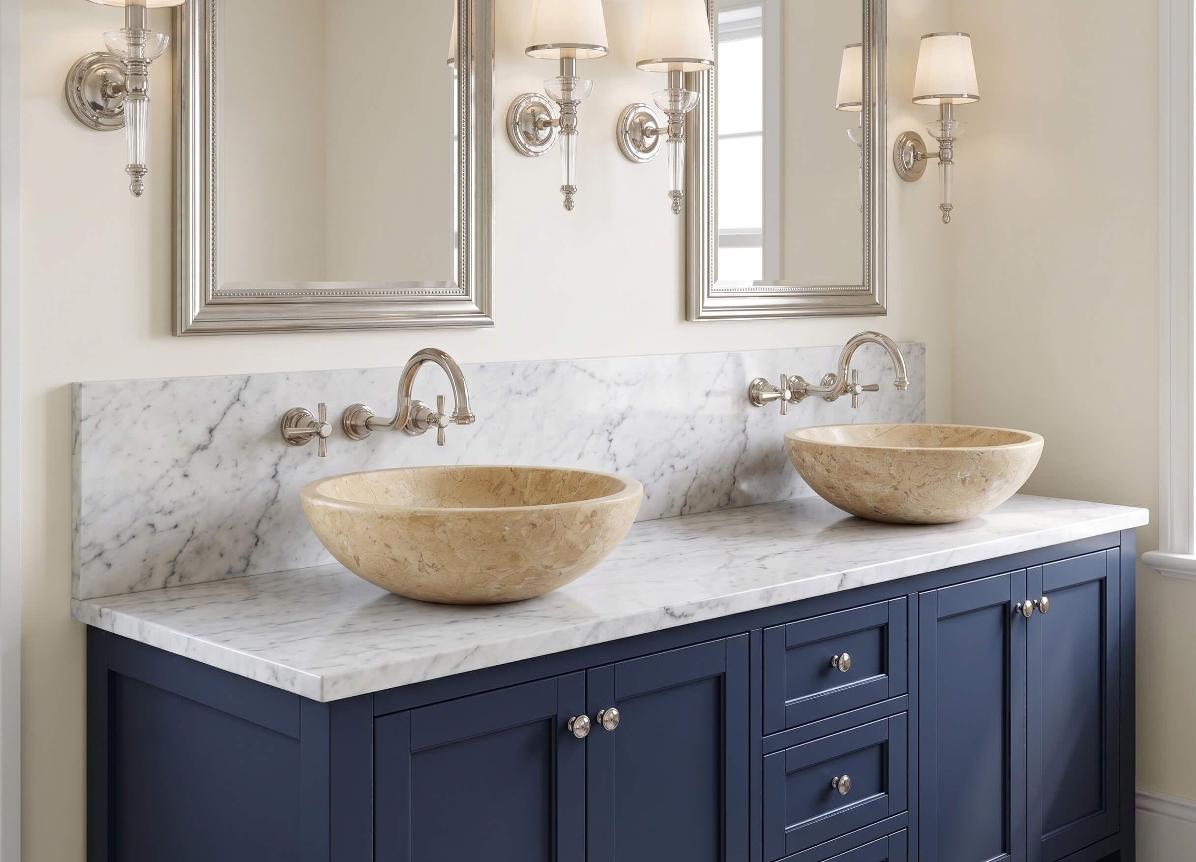 Pair of Amber Gold marble vessel sinks on navy blue Shaker vanity with marble countertop, coastal Hamptons-style master bathroom.