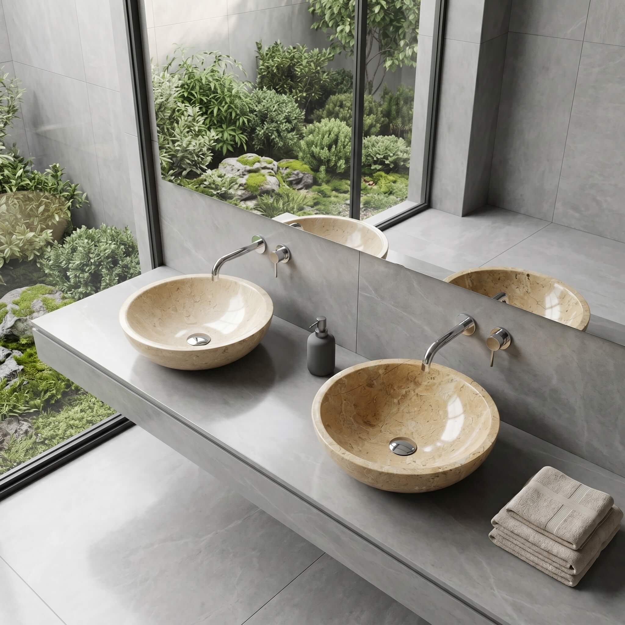 Two Amber Gold marble vessel sinks on concrete counter with polished chrome faucets overlooking Japanese zen garden spa.
