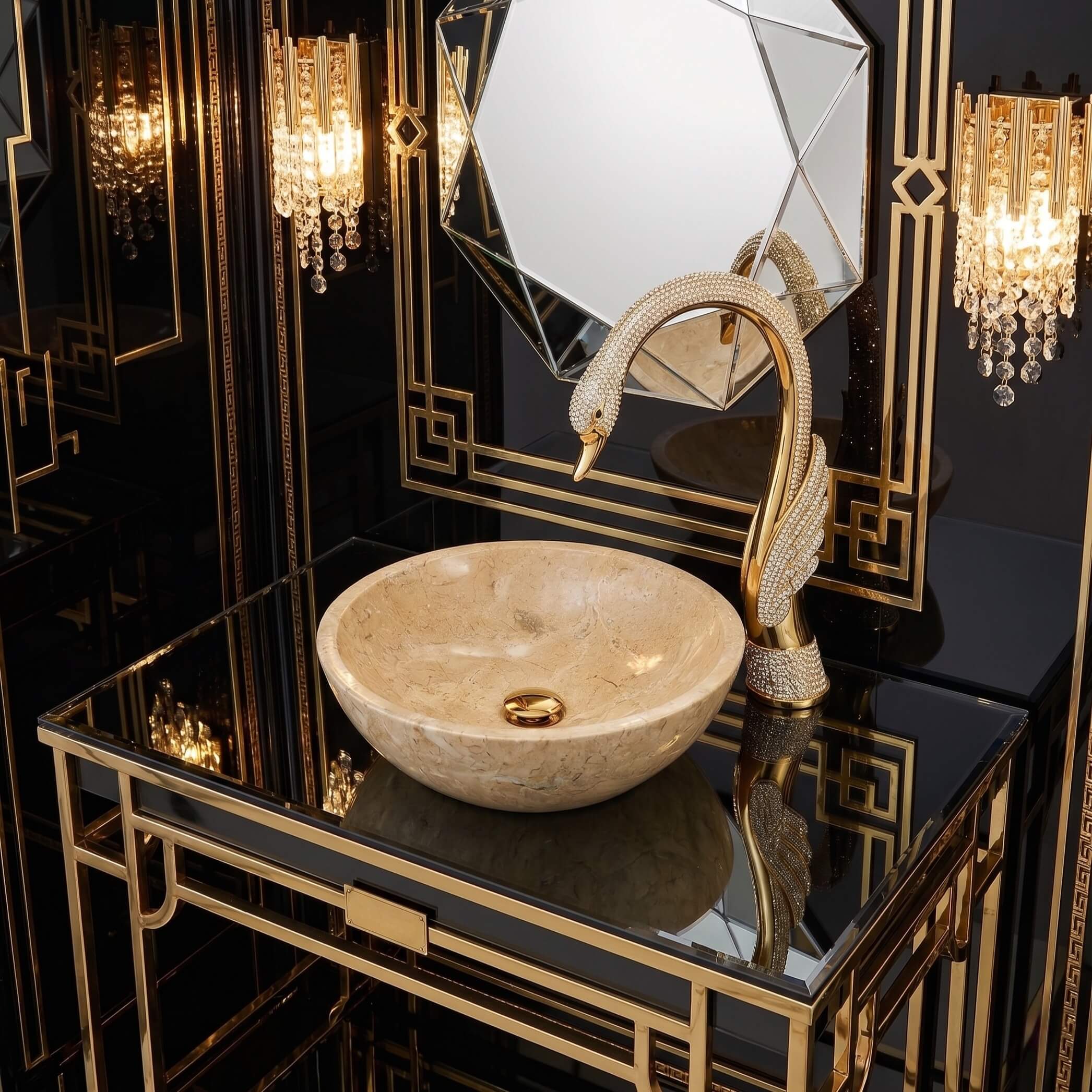 Amber Gold marble vessel sink on black mirrored vanity with crystal-encrusted swan faucet, Art Deco glamour powder room.