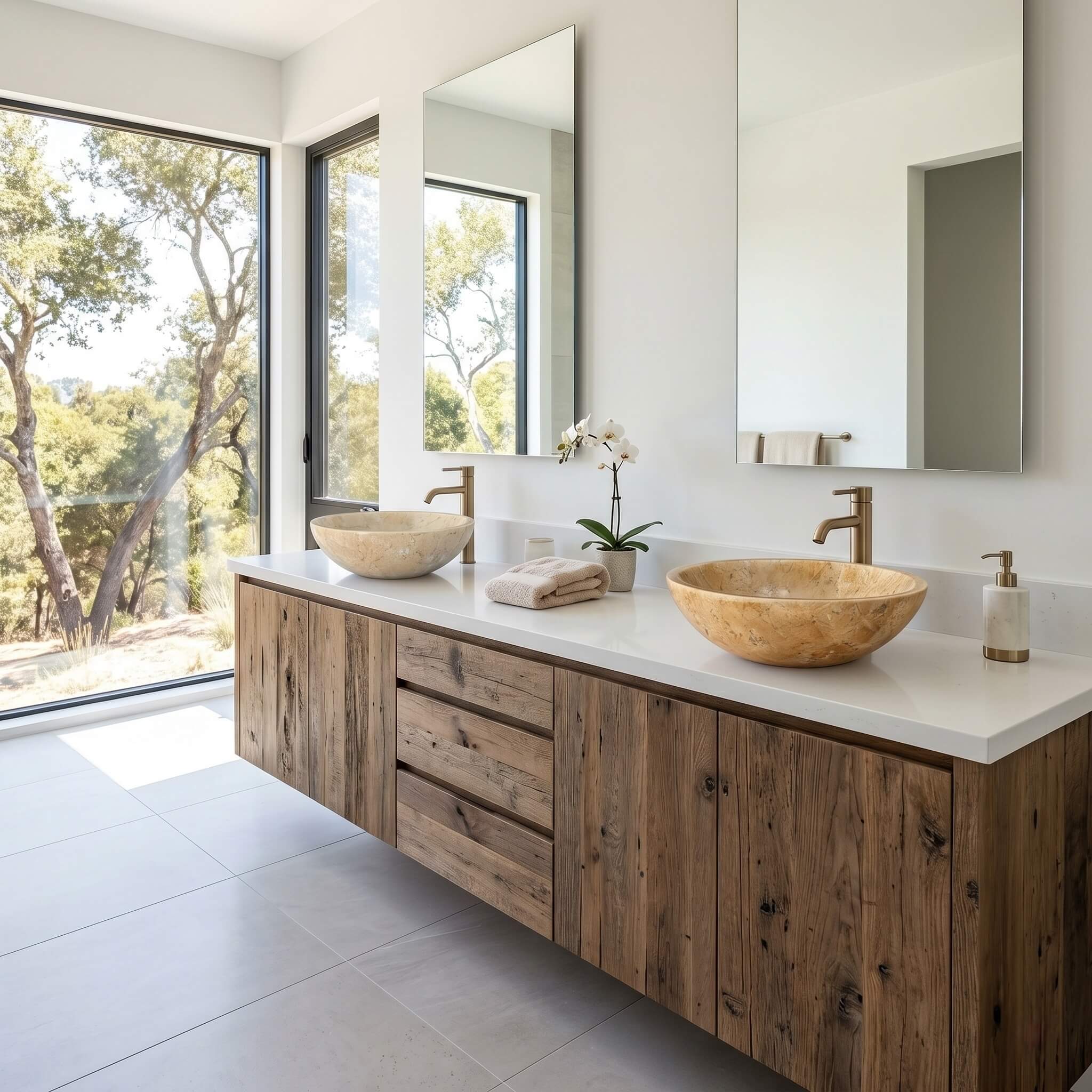 Two Amber Gold marble vessel sinks on reclaimed oak floating vanity with brass faucets, modern farmhouse bathroom.