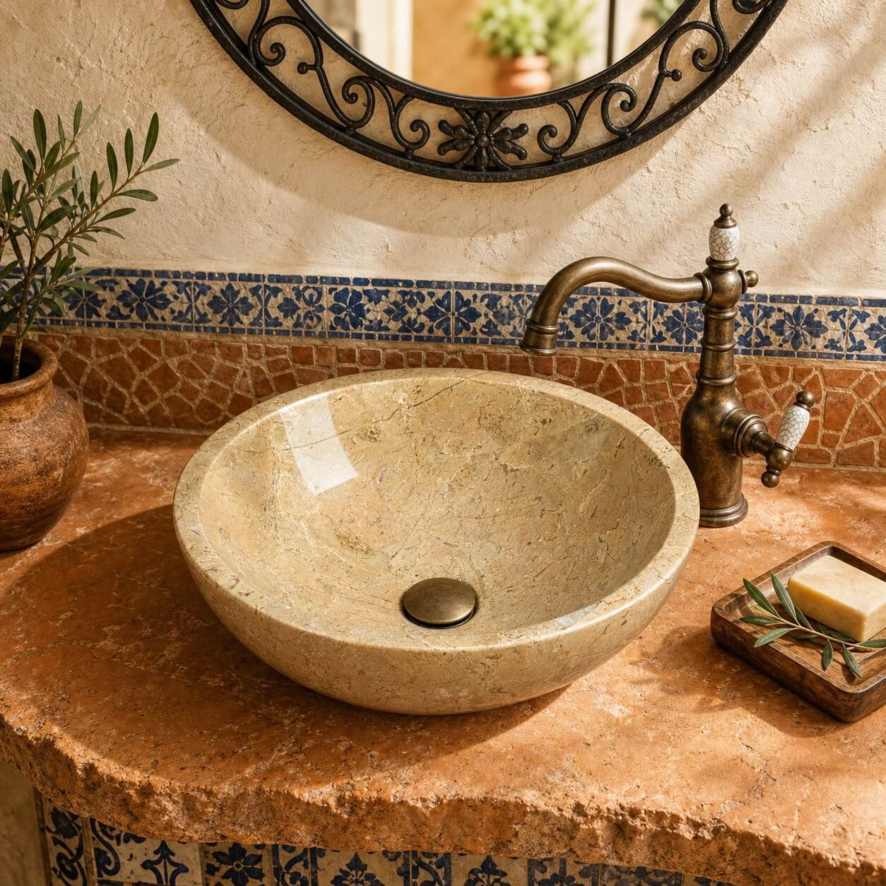 Amber Gold marble vessel sink on terracotta stone counter with vintage bronze faucet, Mediterranean bathroom with Moroccan tile.
