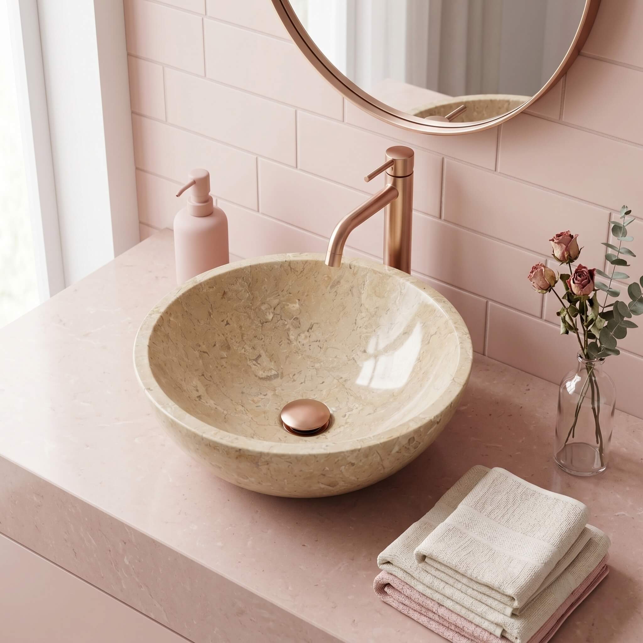 Amber Gold marble vessel sink paired with rose gold faucet on blush pink quartz countertop, romantic feminine bathroom.