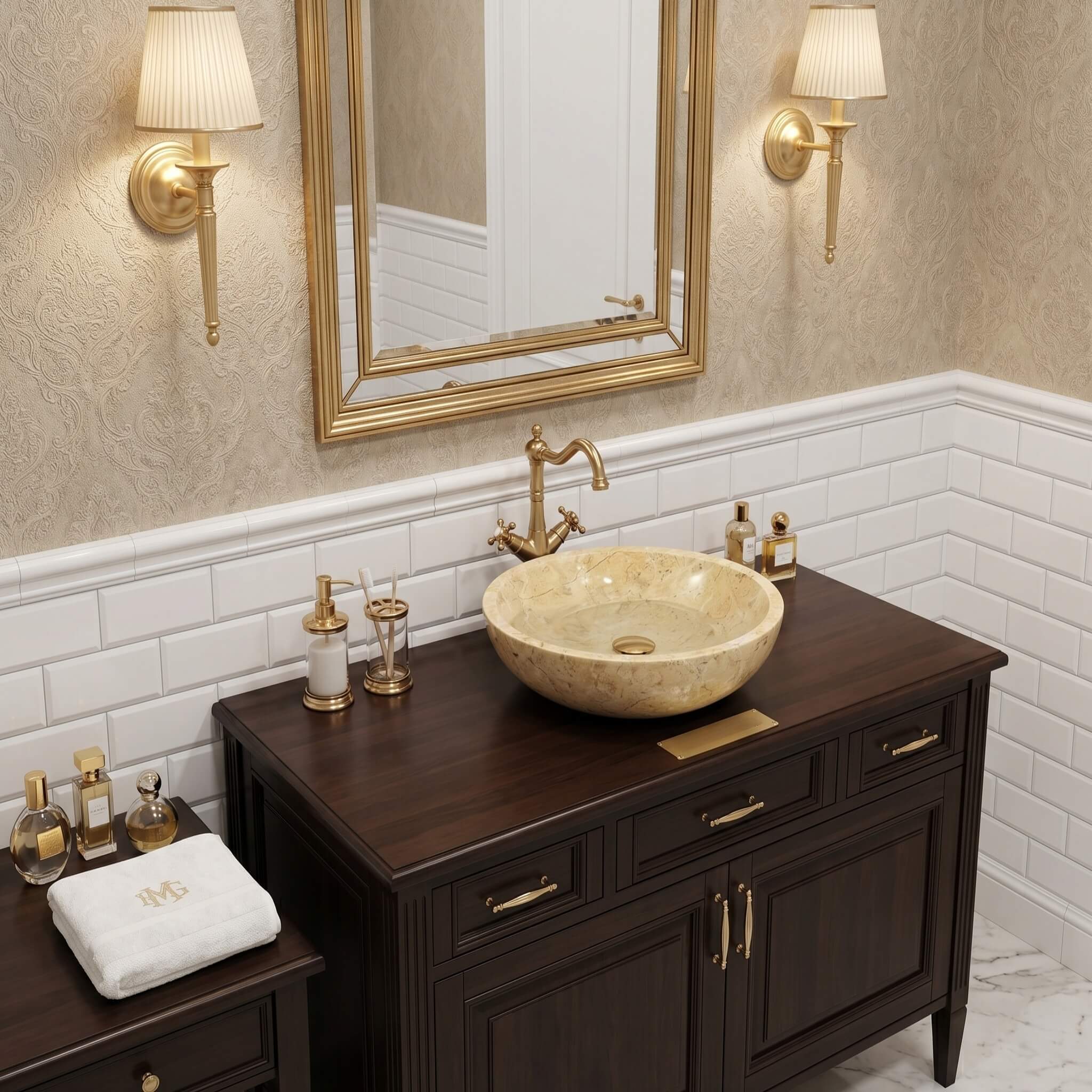 Amber Gold marble vessel sink on dark walnut vanity with antique brass bridge faucet, classic American traditional bathroom.