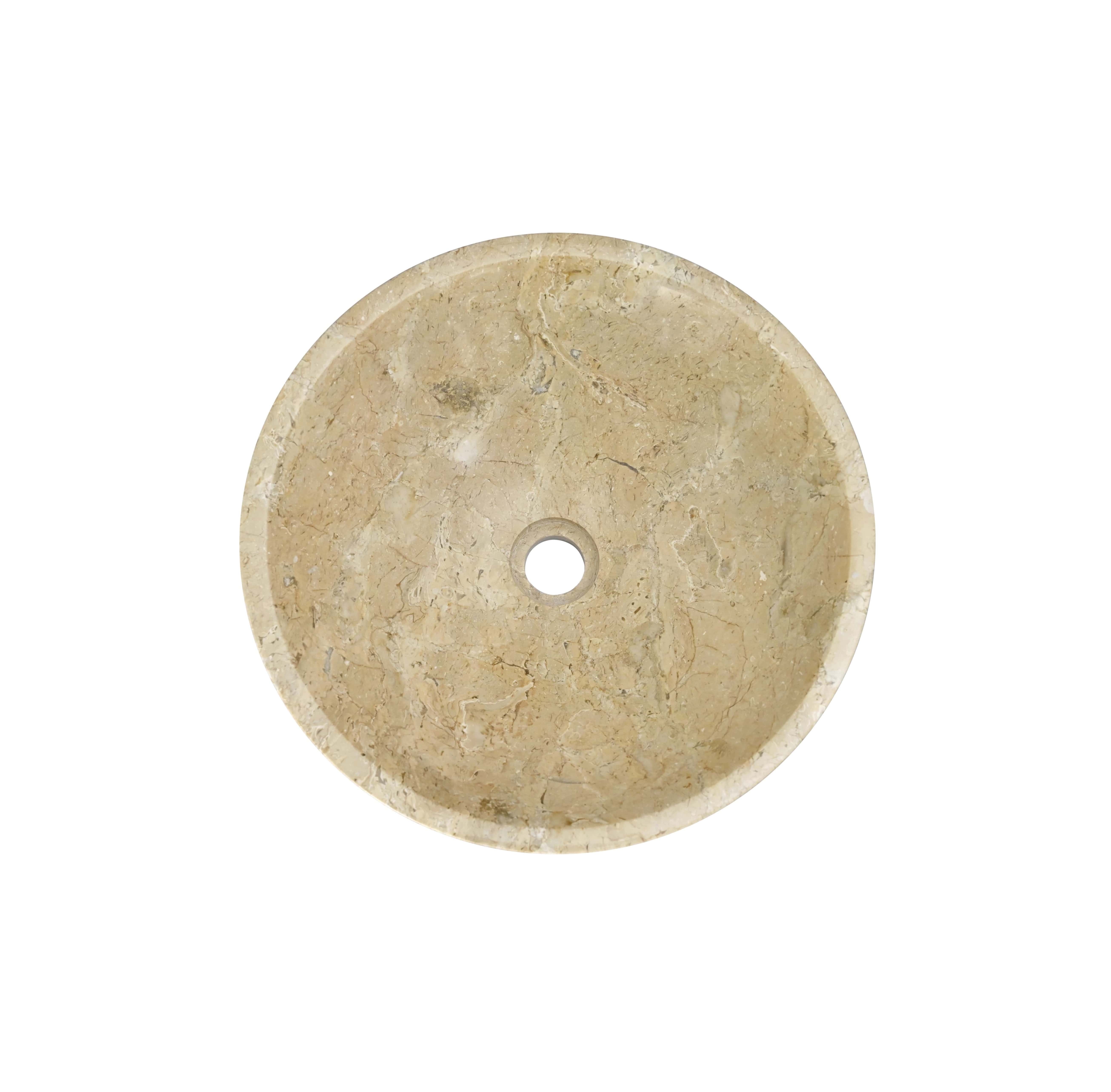 Top-down view of round Amber Gold marble vessel sink, Ø400mm, showing polished interior with natural fossil-pattern veining.