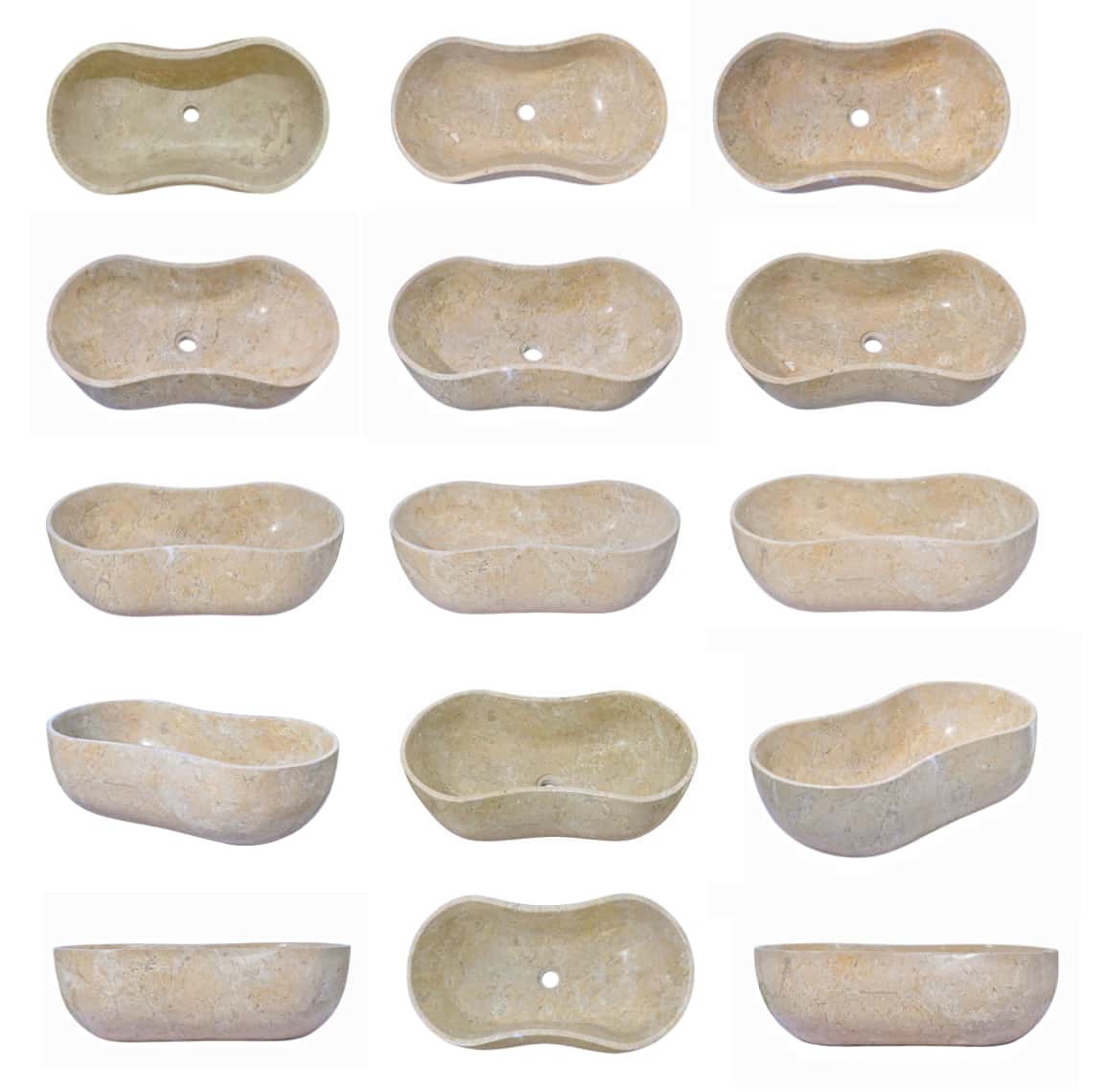 Collage of multiple Amber Gold marble Wave vessel sinks showing natural color and veining variation between pieces.