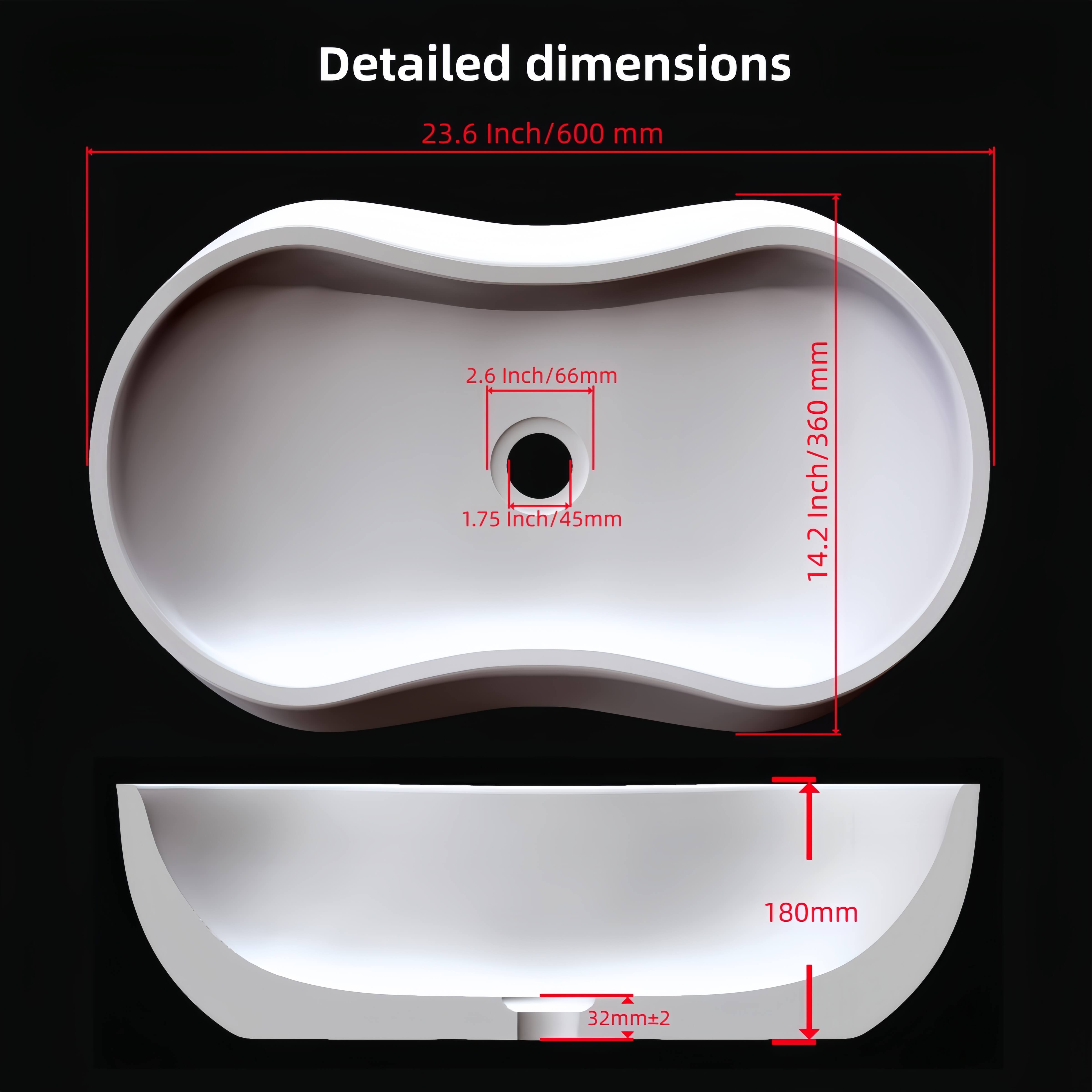 Dimension diagram for Amber Gold marble Wave vessel sink showing top footprint 23.6 by 14.2 inches and height of 7.1 inches.