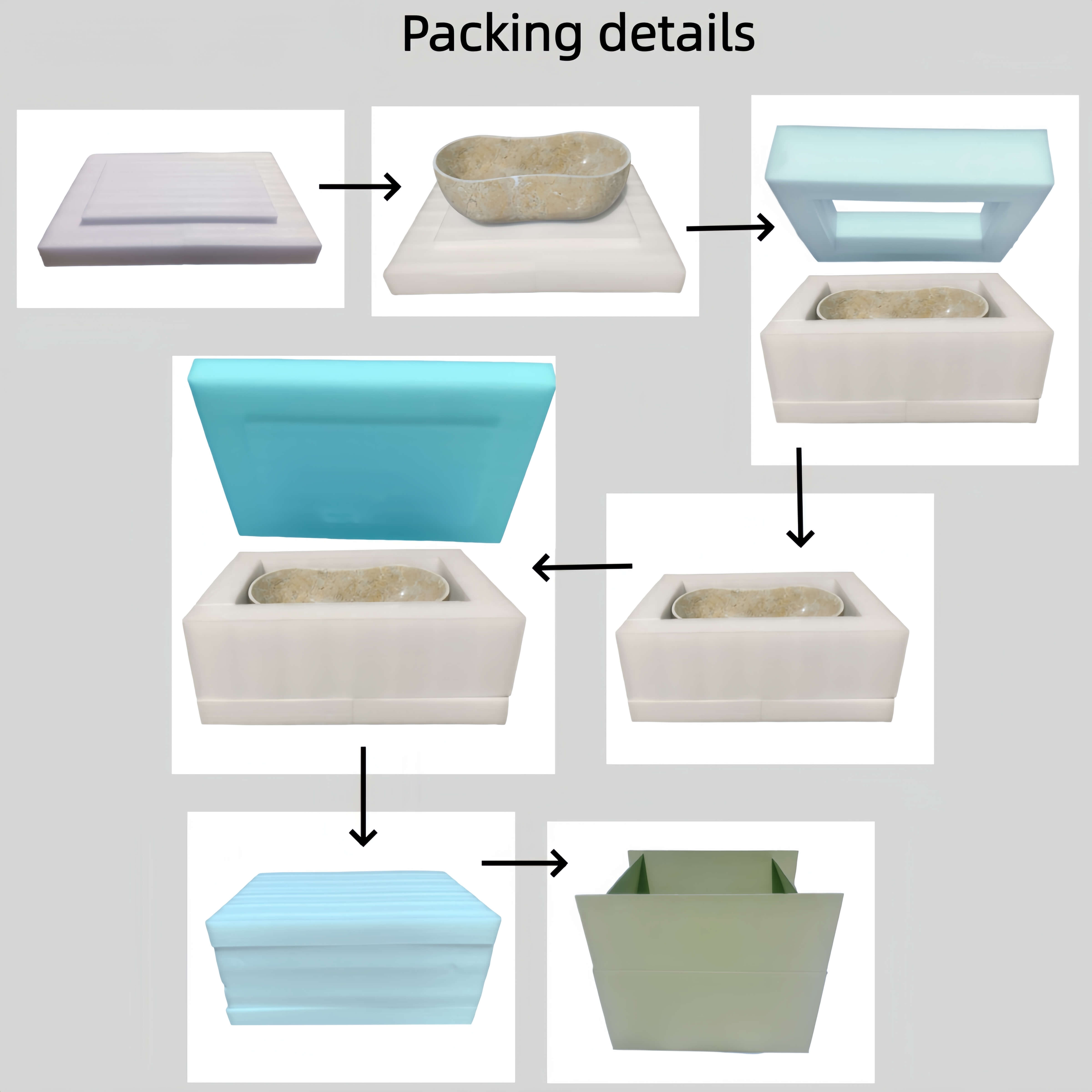 Protective packaging for the marble vessel sink: padded foam base, foam frame, top cover and reinforced outer carton.