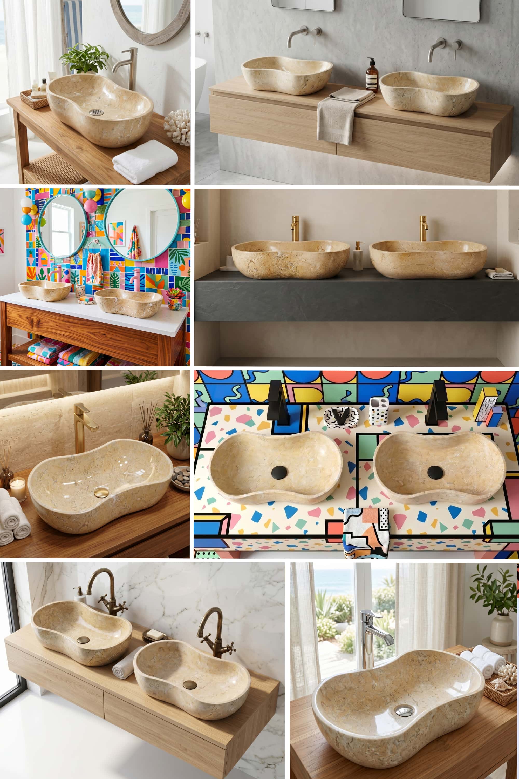 Collage of Amber Gold marble Wave sinks styled across coastal, minimalist,traditional settings.