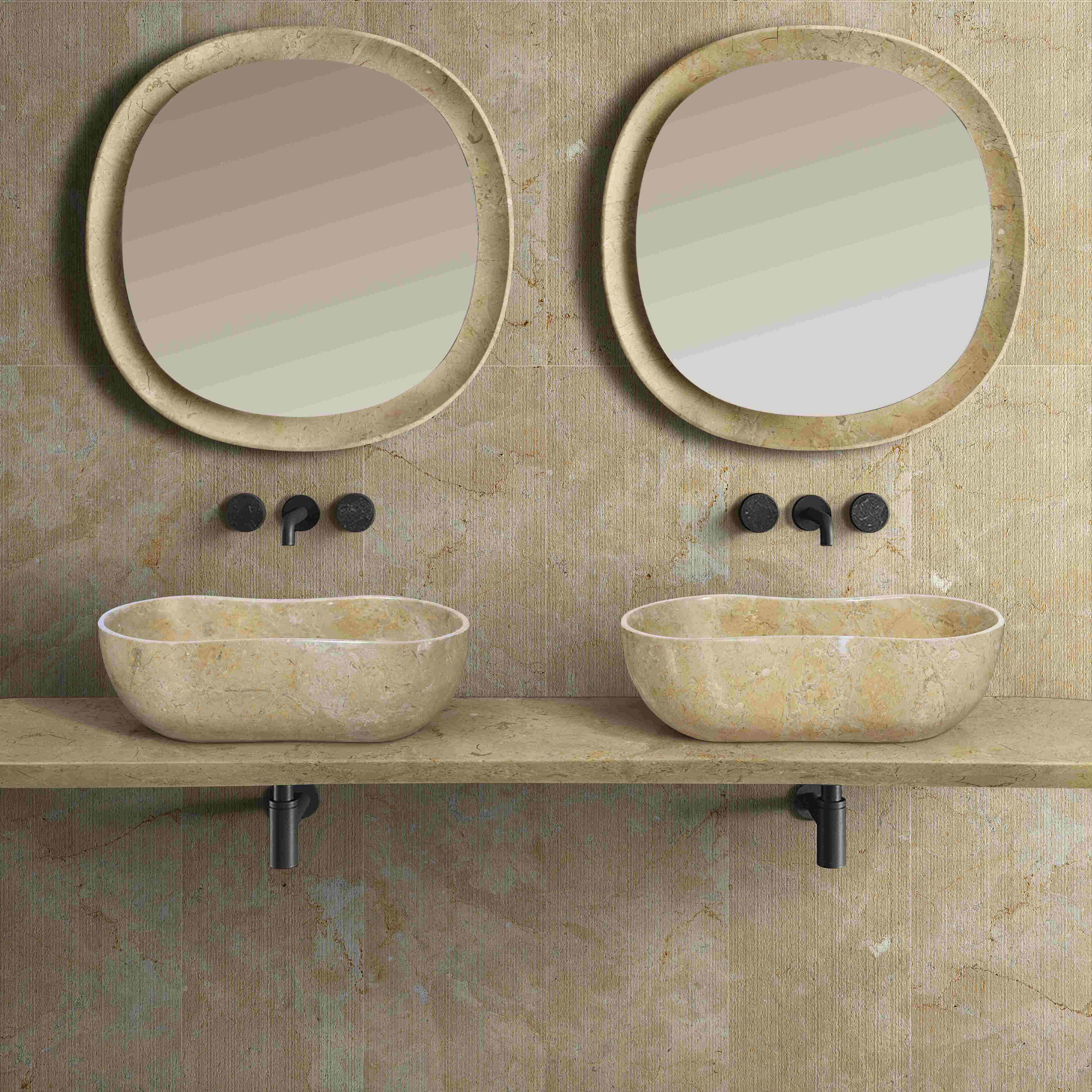 Two Amber Gold marble Wave vessel sinks with Amber Gold textured wall tile, spa bathroom.