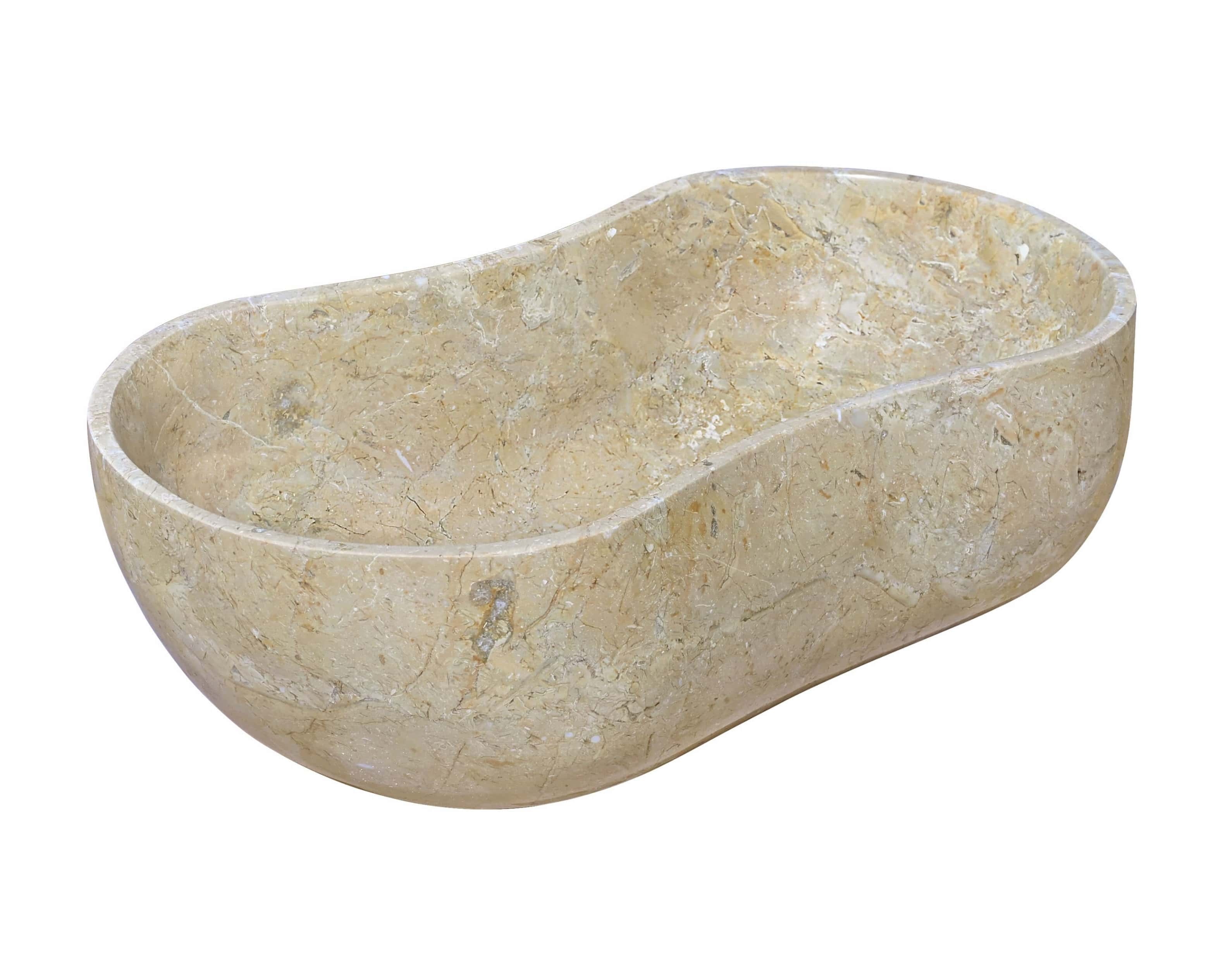 Angled profile of an Amber Gold marble Wave vessel sink, polished finish with dense tan veining unique to each piece.