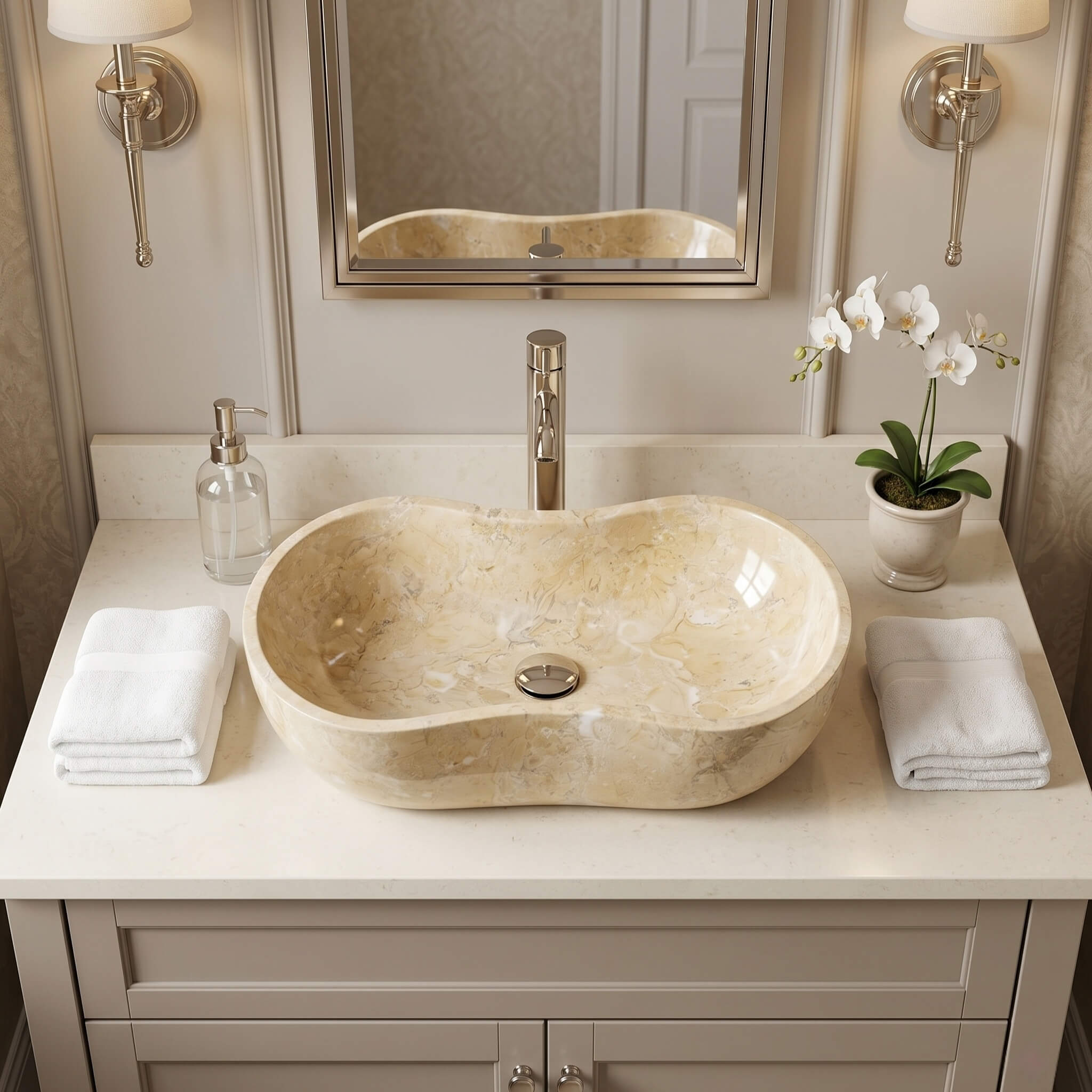 An Amber Gold natural marble Wave vessel sink on a cream quartz vanity, classic elegant powder room.