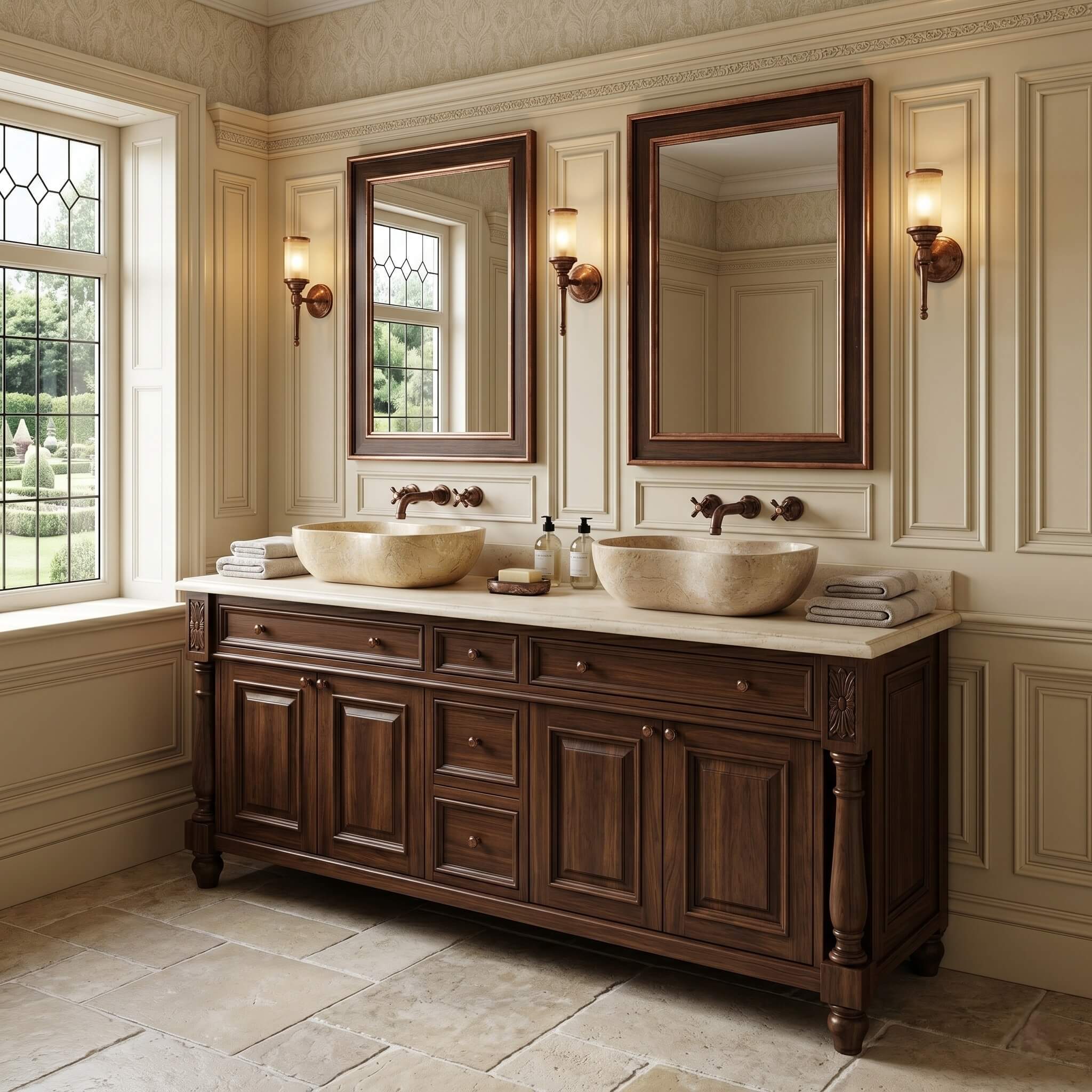 Two Amber Gold natural marble Wave vessel sinks on a walnut double vanity, traditional English bathroom.