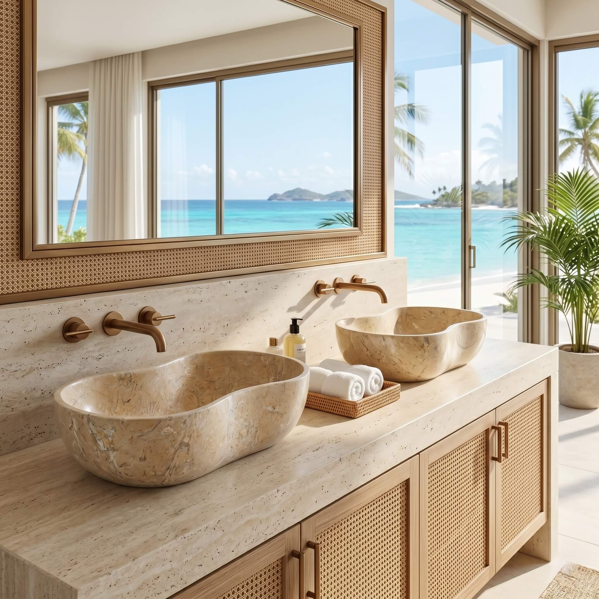 Two Amber Gold marble Wave vessel sinks on a cane-front vanity, bright coastal bathroom with ocean view.