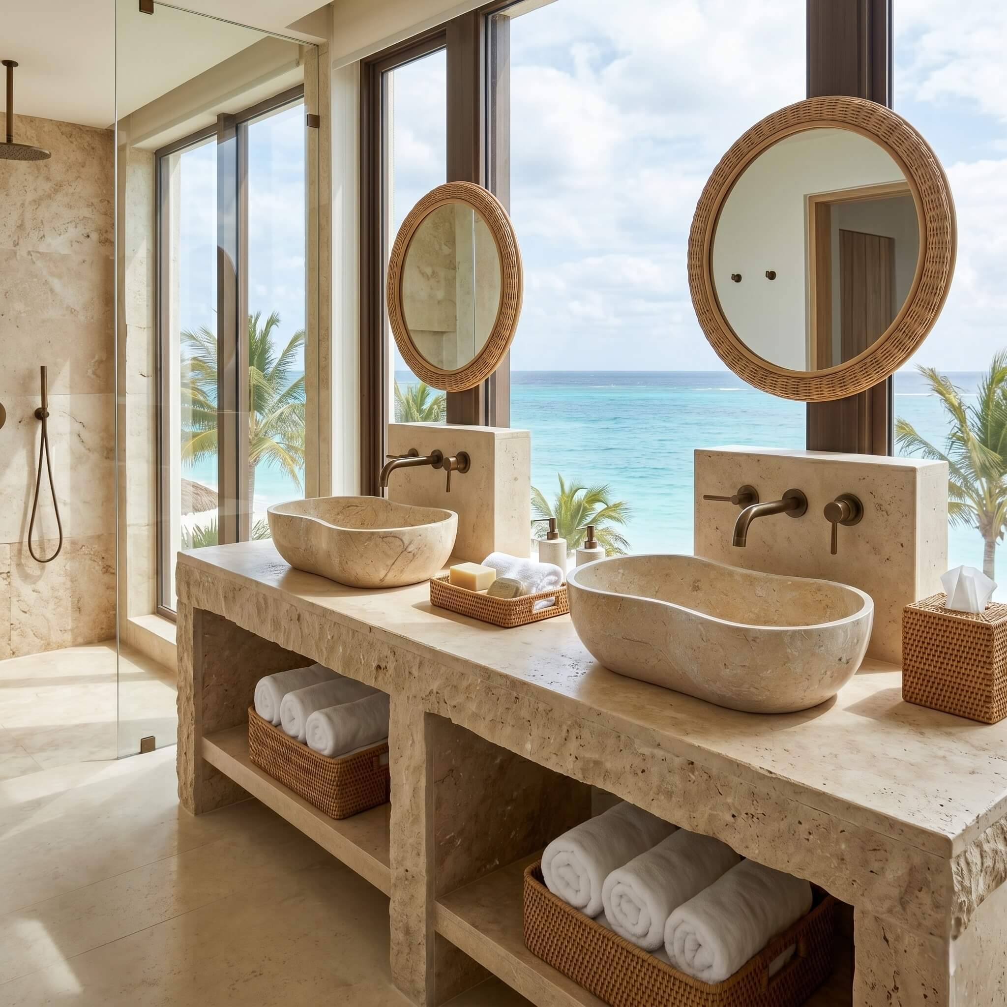 Two Amber Gold natural marble Wave vessel sinks on a stone vanity, coastal spa bathroom with ocean view.