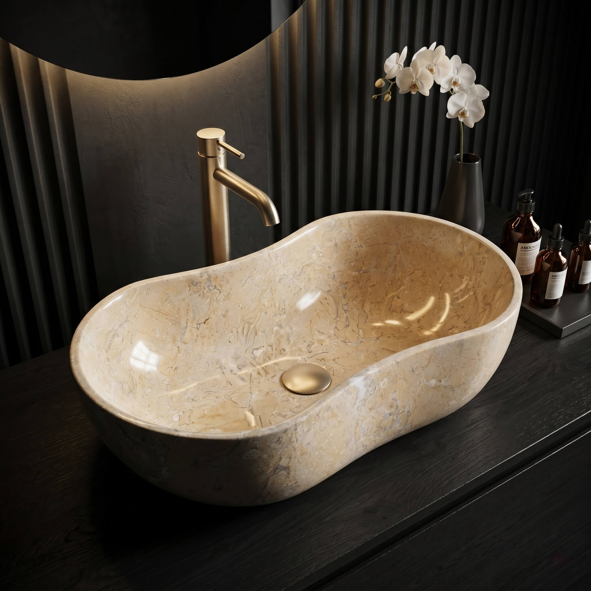An Amber Gold natural marble Wave vessel sink on a black wood counter, moody minimalist bathroom.