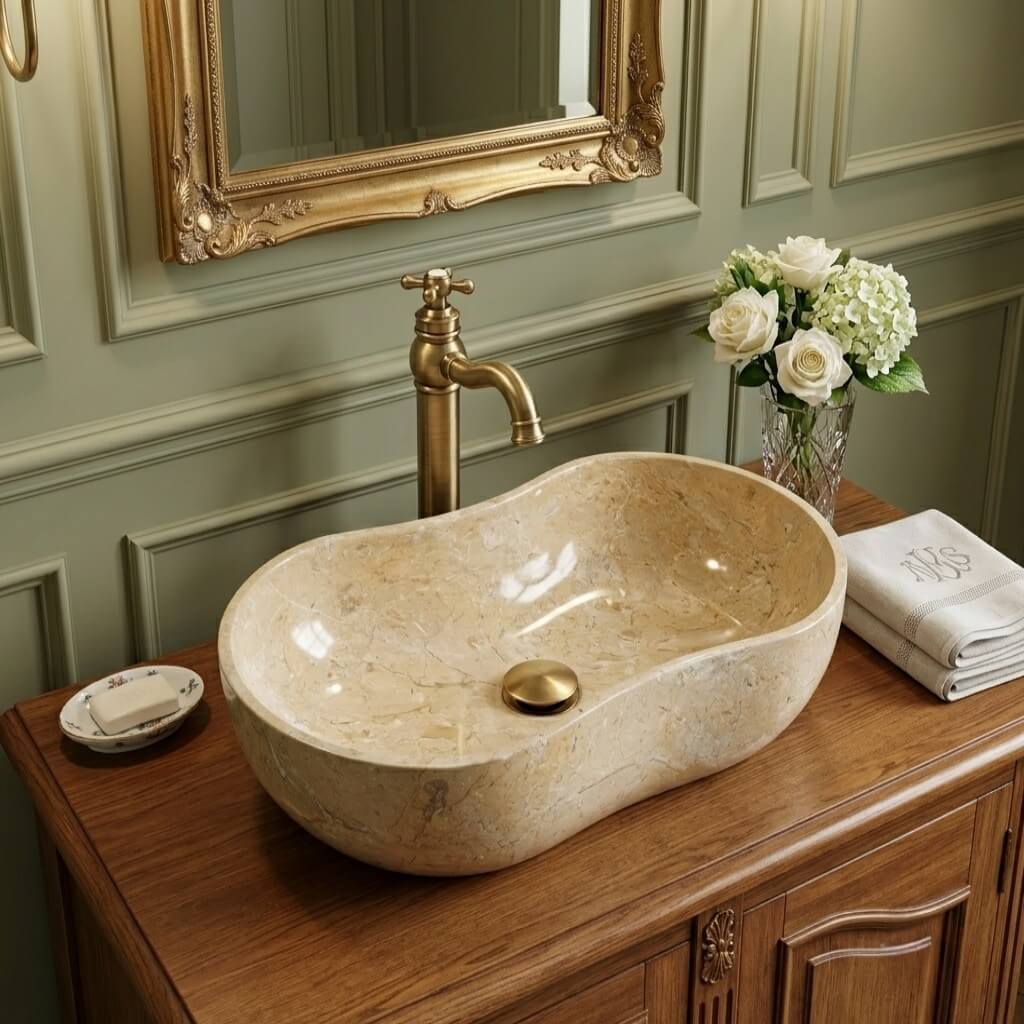 An Amber Gold natural marble Wave vessel sink on a carved oak vanity, traditional English bathroom.