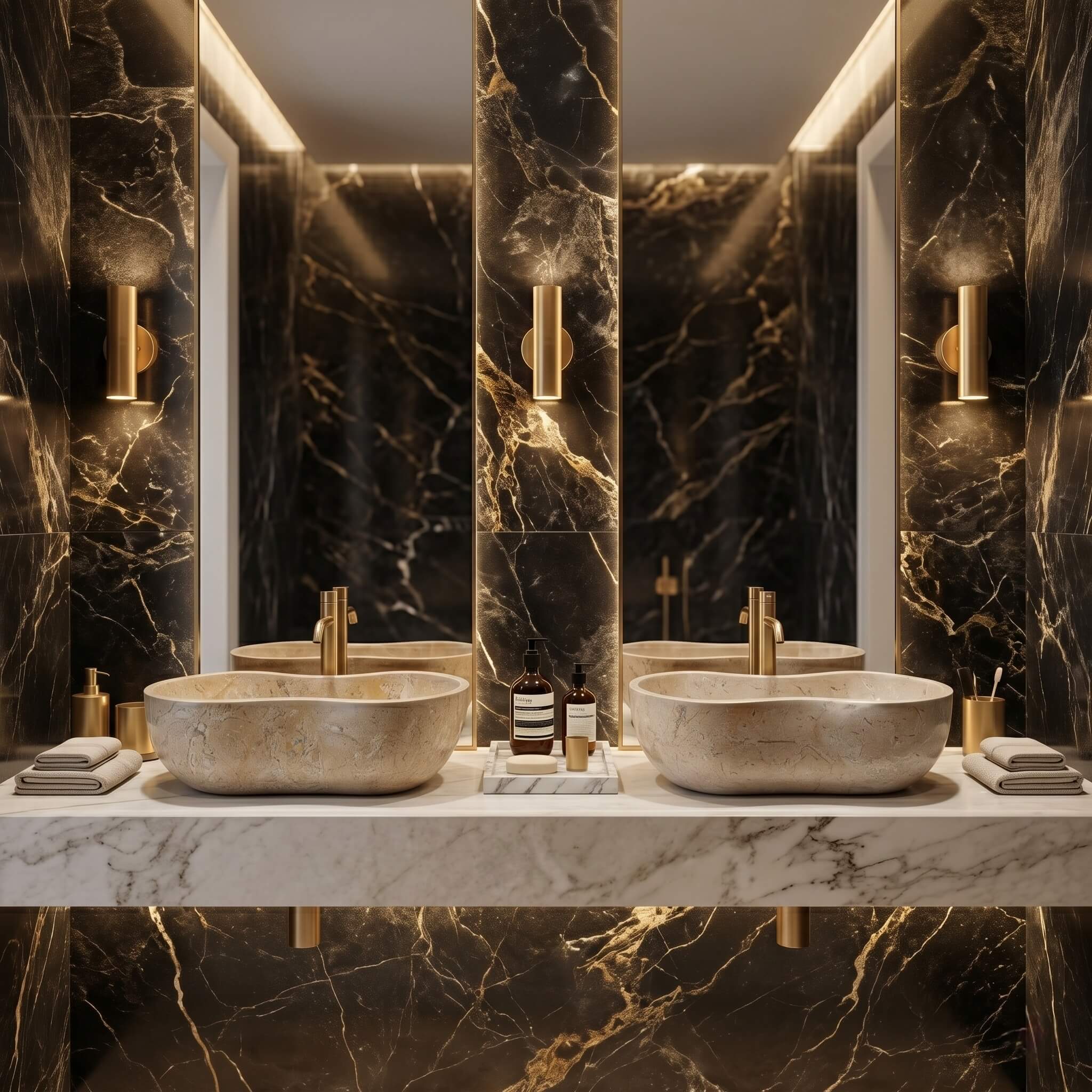 Two Amber Gold marble Wave vessel sinks on a white counter against marble walls, glamorous dark bathroom.