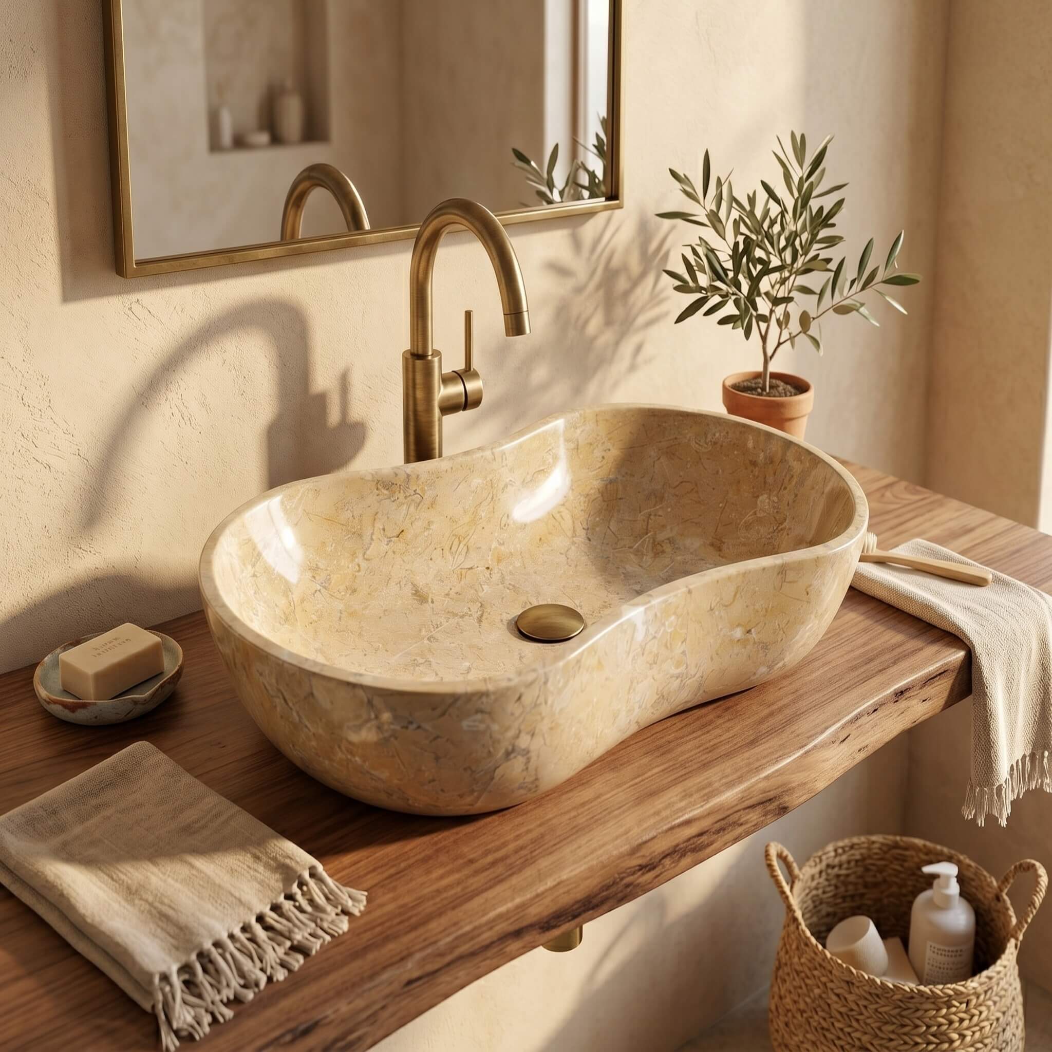 An Amber Gold natural marble Wave vessel sink on a solid-wood shelf, mediterranean bathroom.