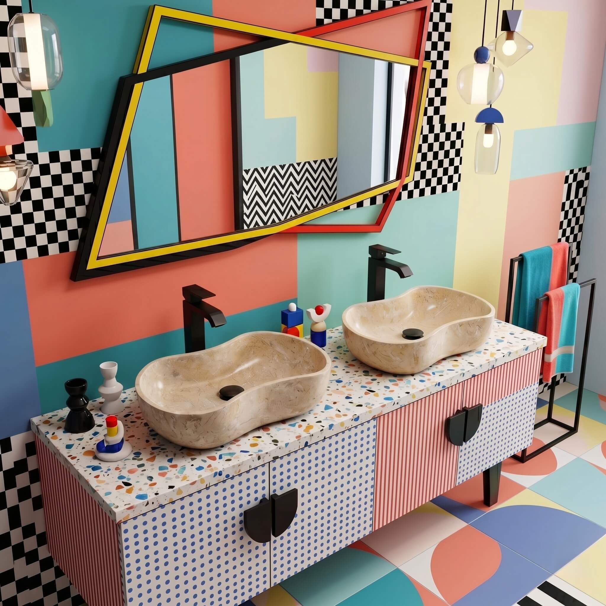 Two Amber Gold marble Wave vessel sinks on a terrazzo Memphis vanity, eclectic maximalist bathroom.