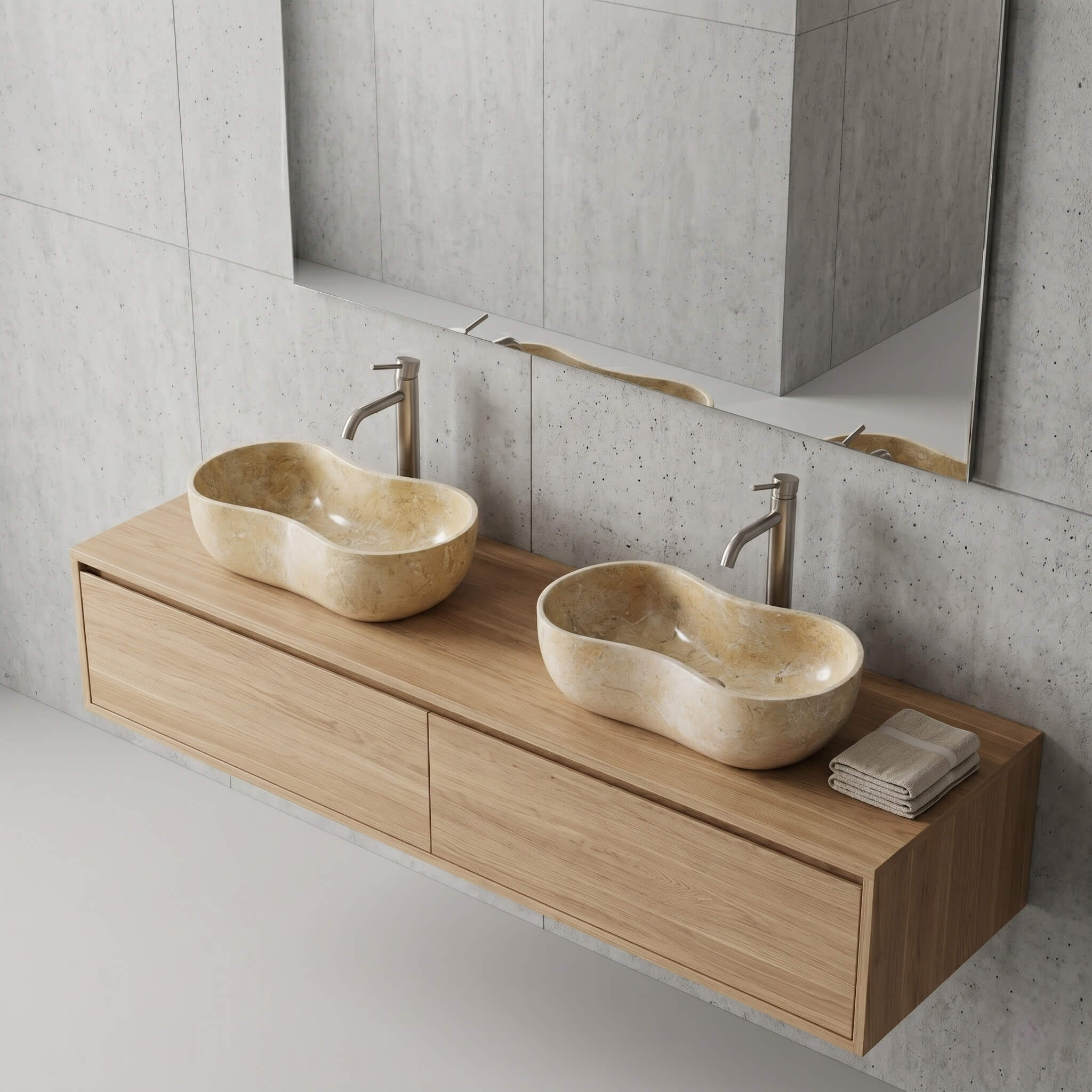 Two Amber Gold natural marble Wave vessel sinks on an oak floating vanity, minimalist Japandi bathroom.