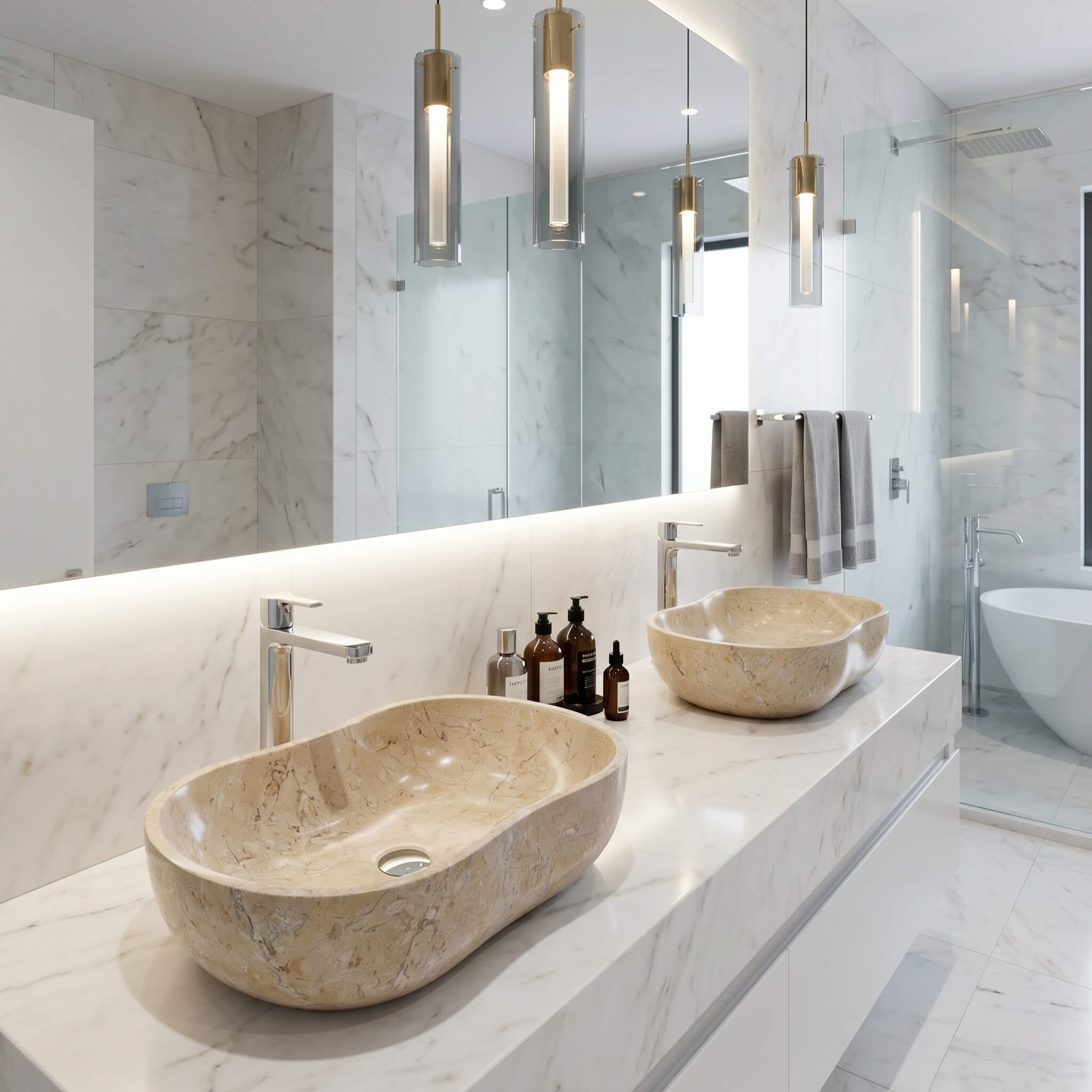 Two Amber Gold natural marble Wave vessel sinks on a white marble vanity, bright modern bathroom.