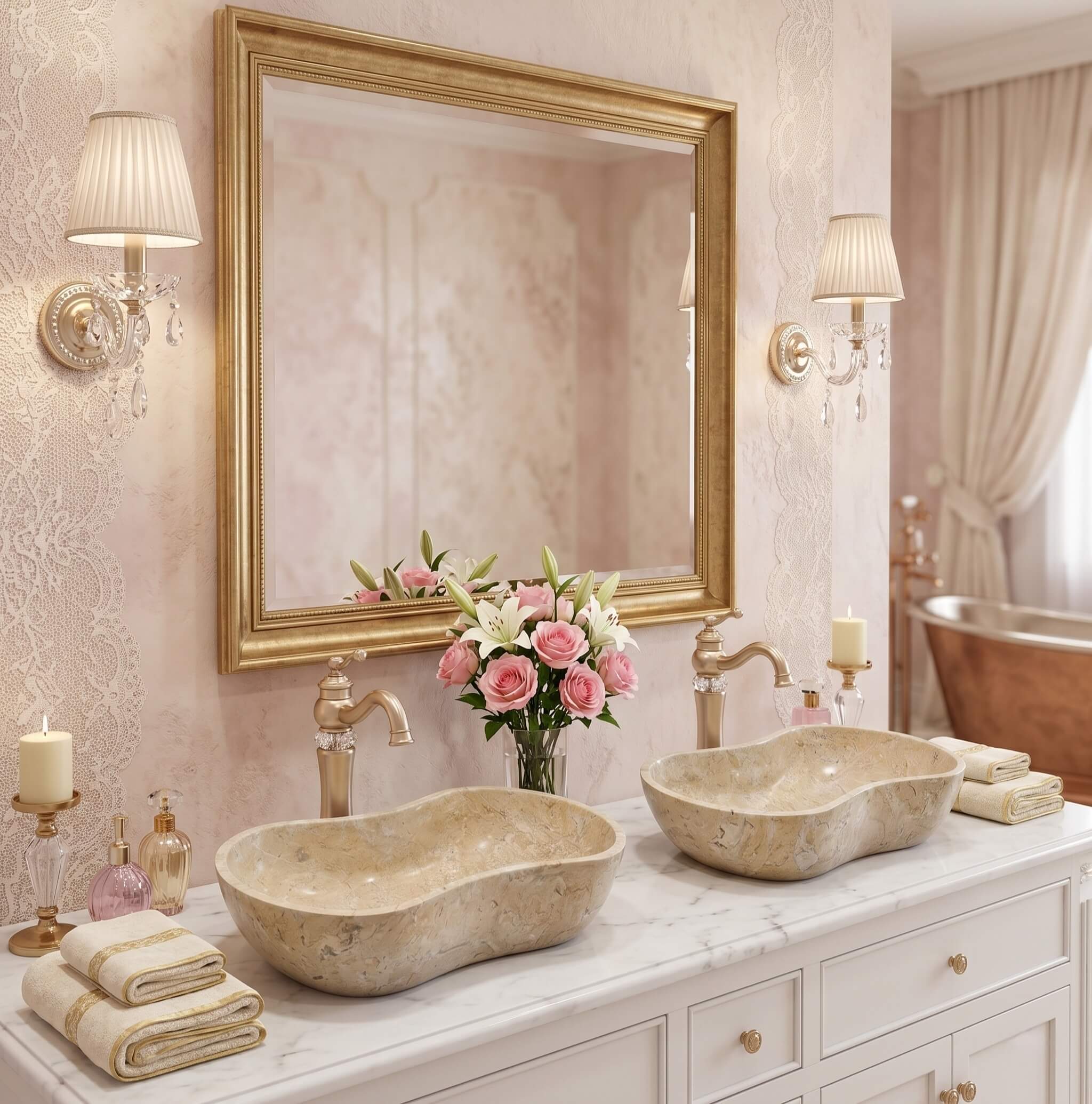 Two Amber Gold natural marble Wave vessel sinks on white marble vanity, romantic French bathroom.