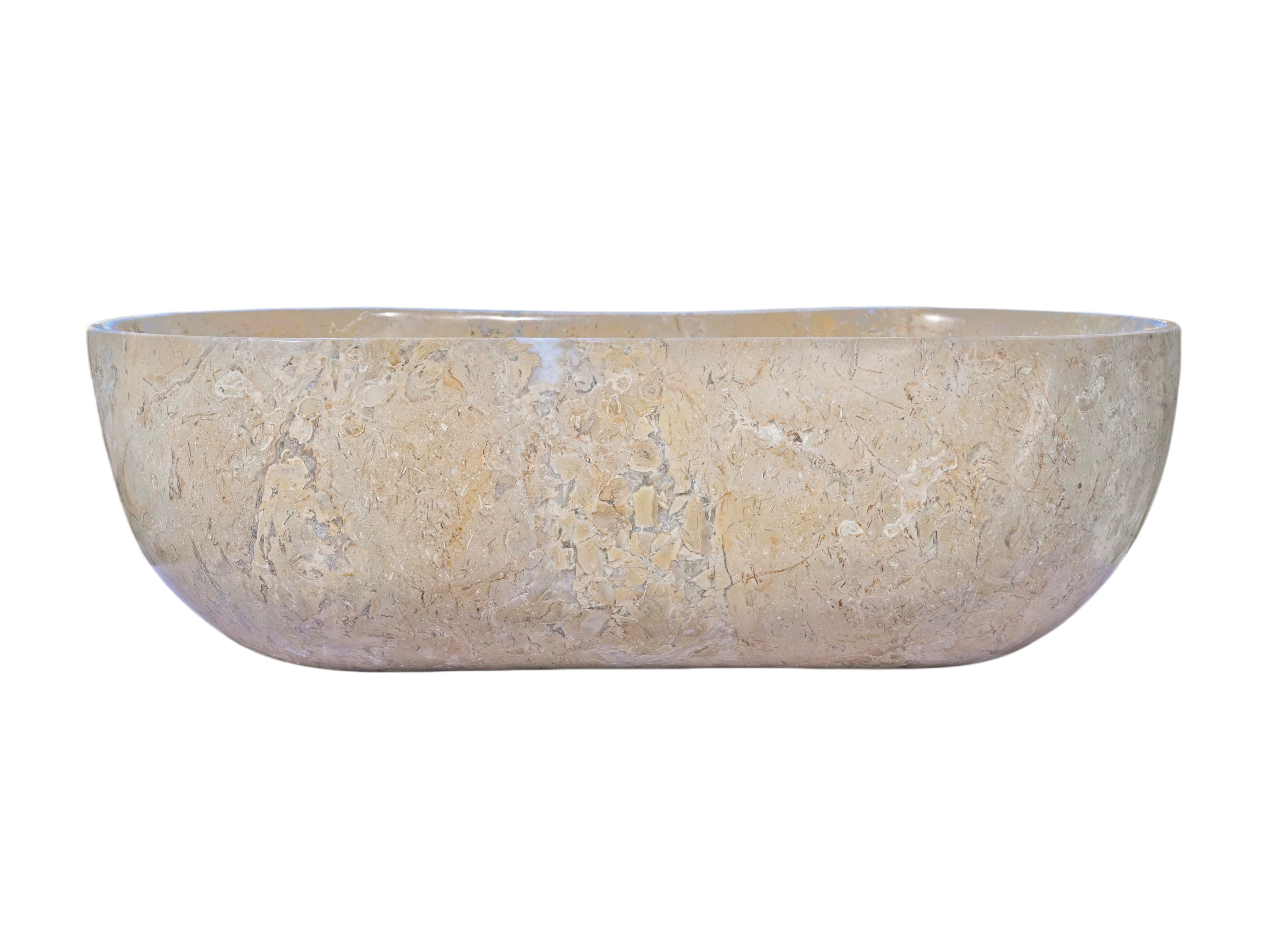 Side profile of Amber Gold marble Wave vessel sink, polished honey-beige outer wall with natural veining.