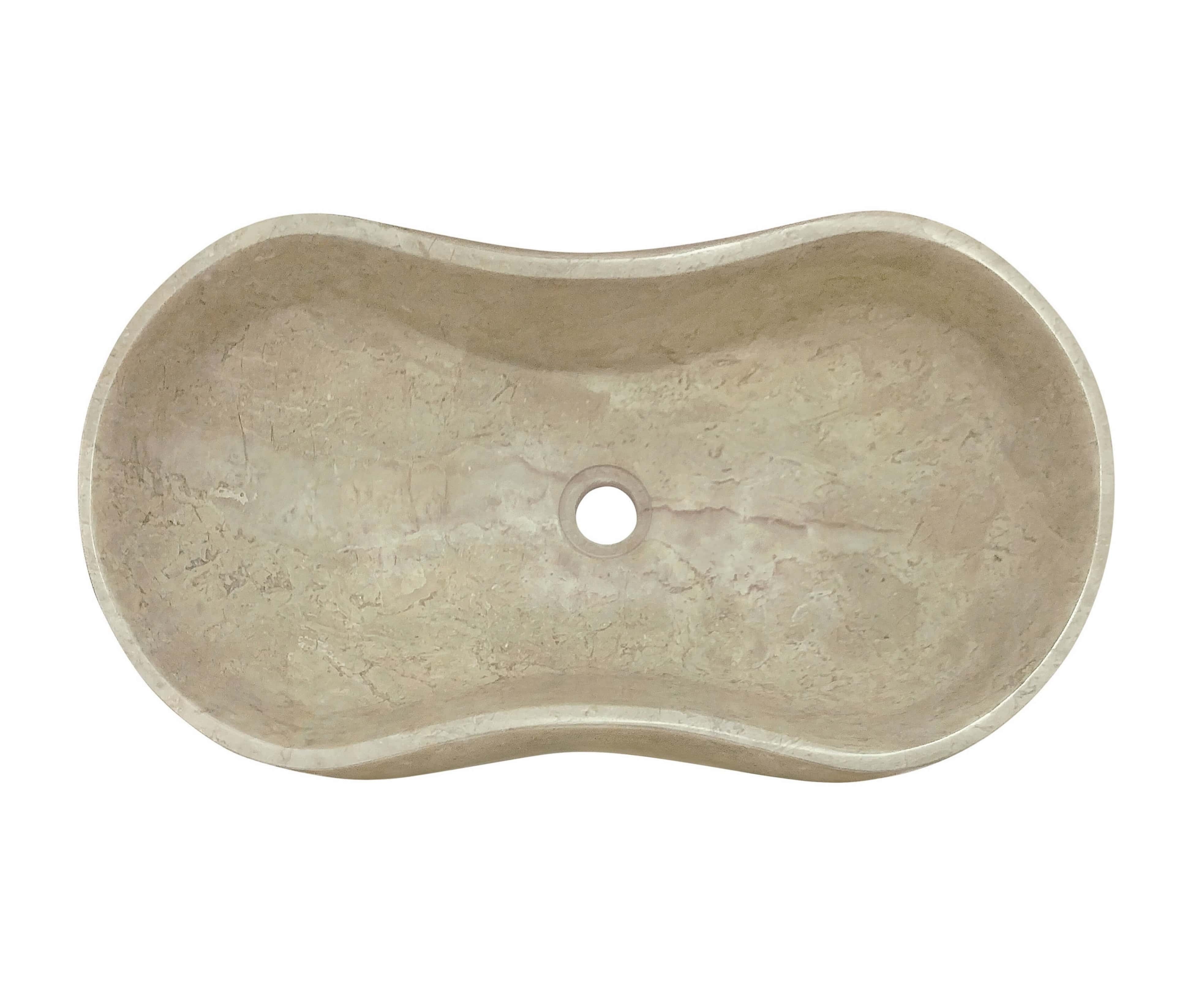 Overhead view of an Amber Gold marble Wave vessel sink, polished cream-beige basin with soft gray veining.