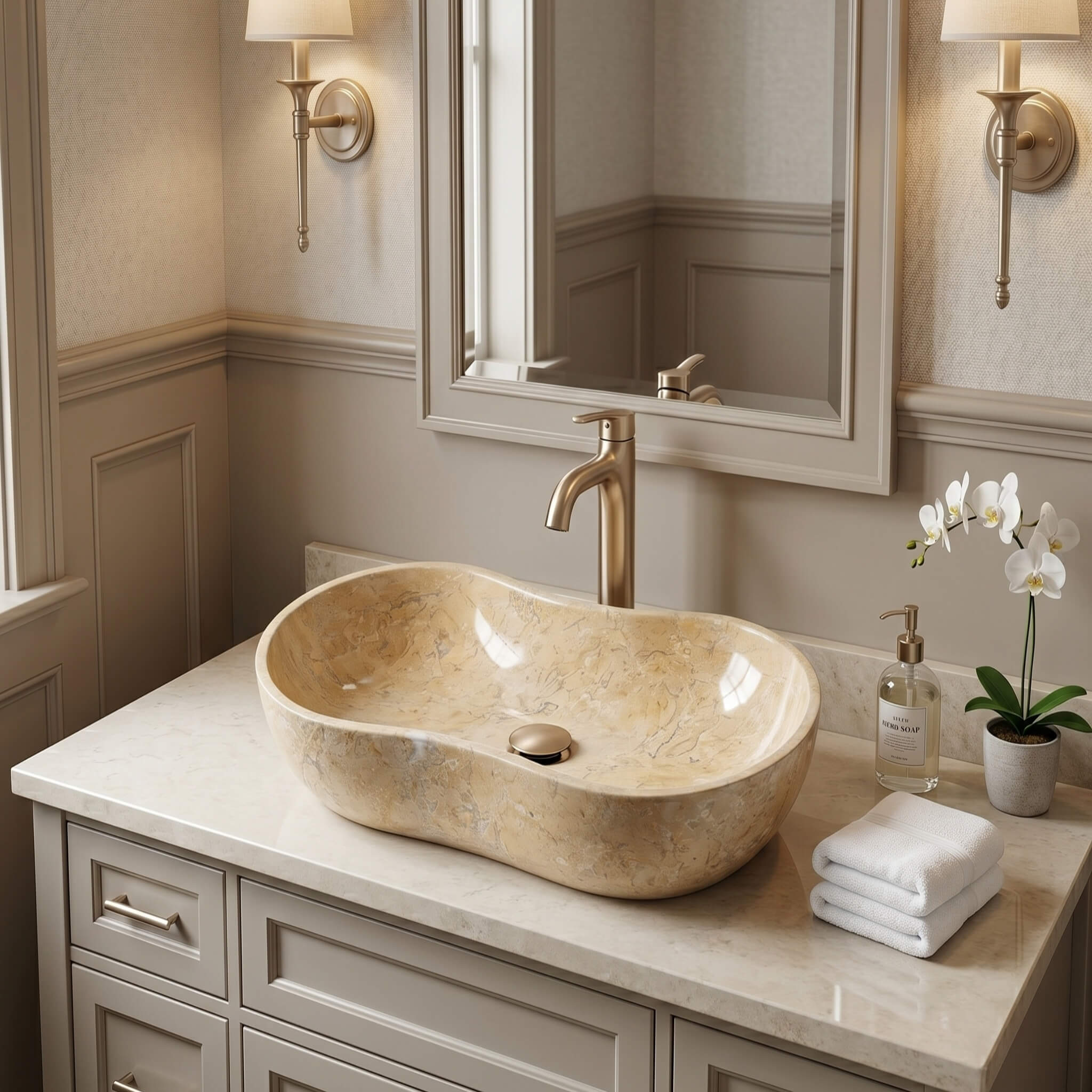 An Amber Gold natural marble Wave vessel sink on a cream stone counter, soft transitional bathroom.