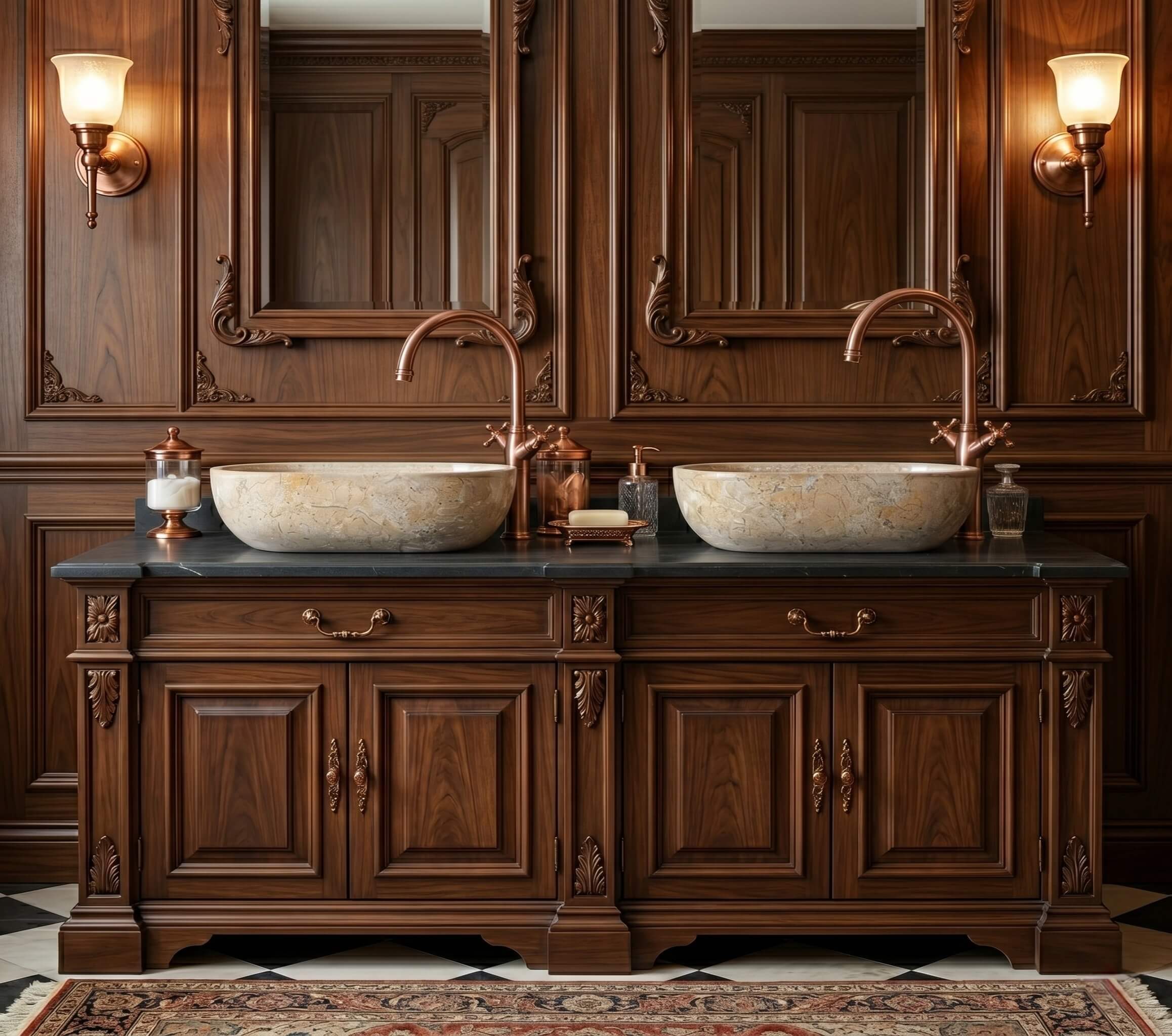 Two Amber Gold natural marble Wave vessel sinks on a dark stone counter, rose-gold faucets, Victorian bathroom.