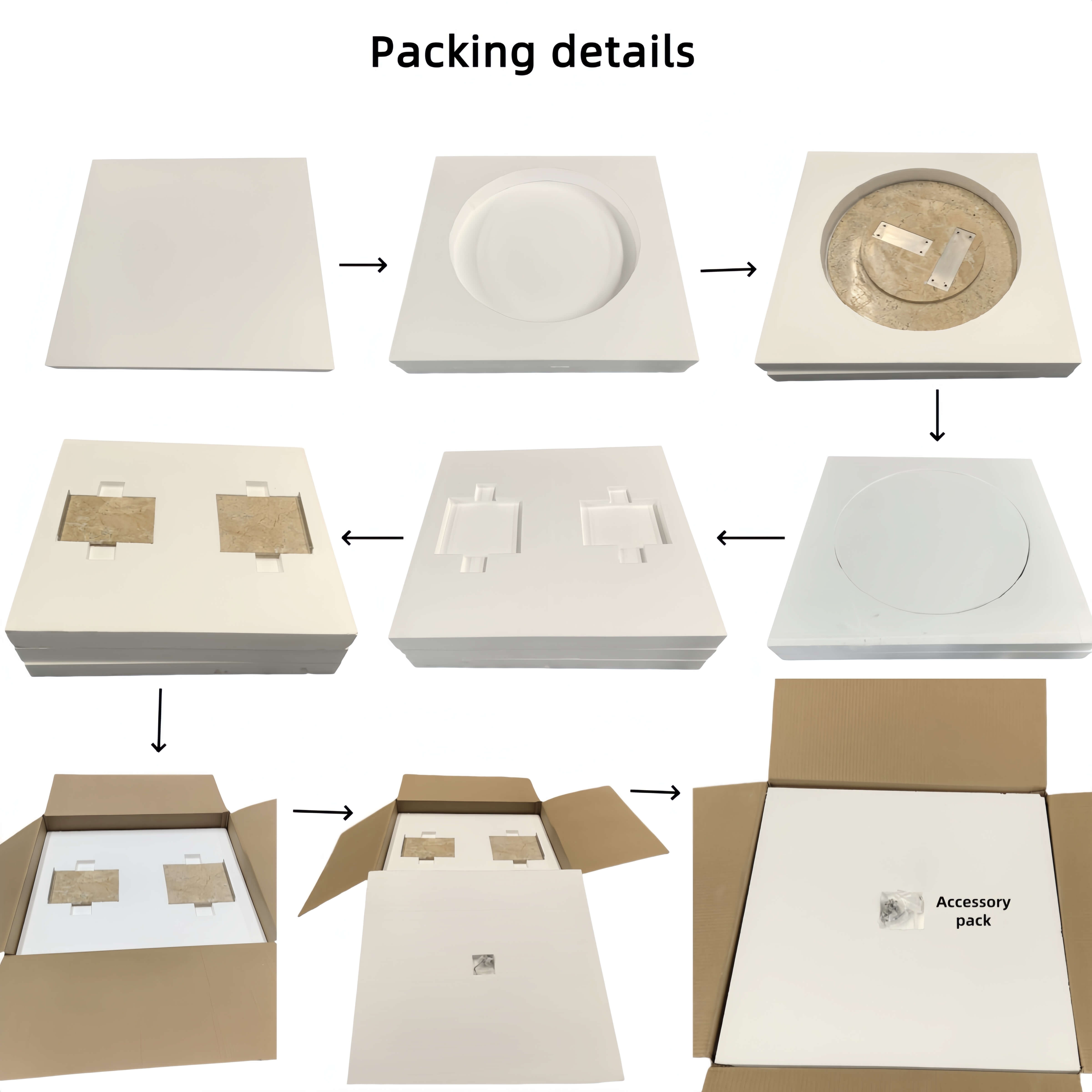 Custom protective foam layer and carton box packing details for 28-inch Amber Gold natural marble coffee table.