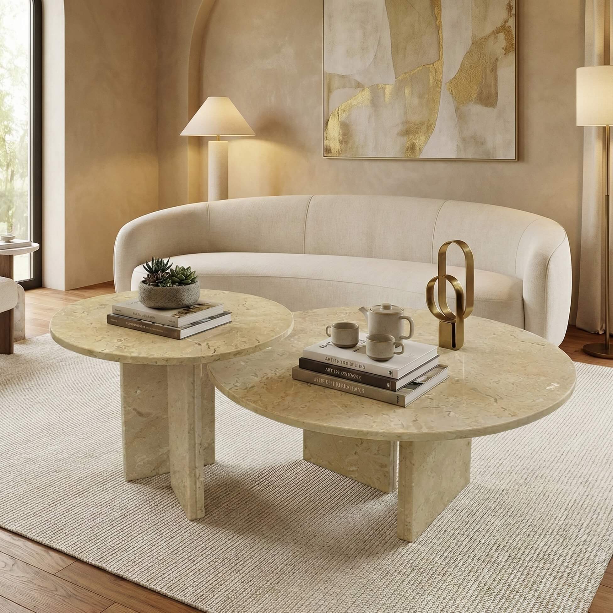 Amber Gold natural marble nesting coffee tables styled in a minimalist cream living room with a curved sofa.