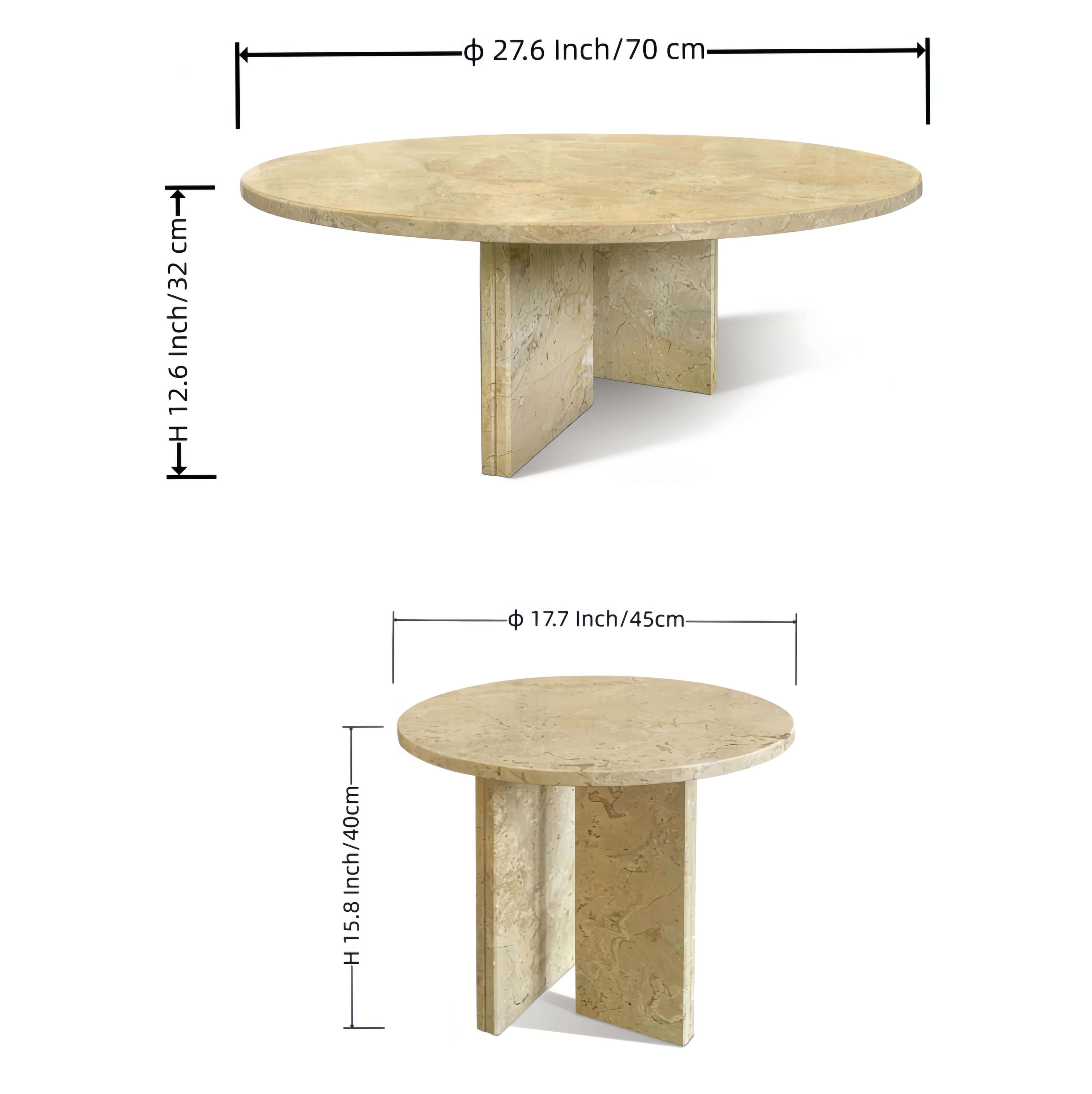 Dimension diagram for Amber Gold marble coffee table set showing 27.6-inch main table and 17.7-inch accent table.
