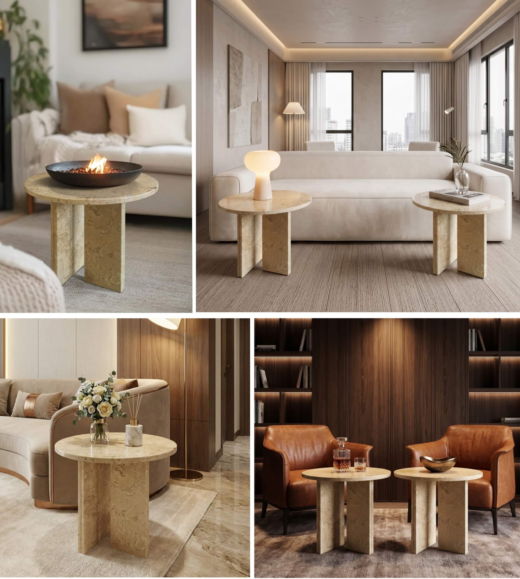 Four-panel photo collage highlighting various luxury interior design styling applications for the 45cm marble table.