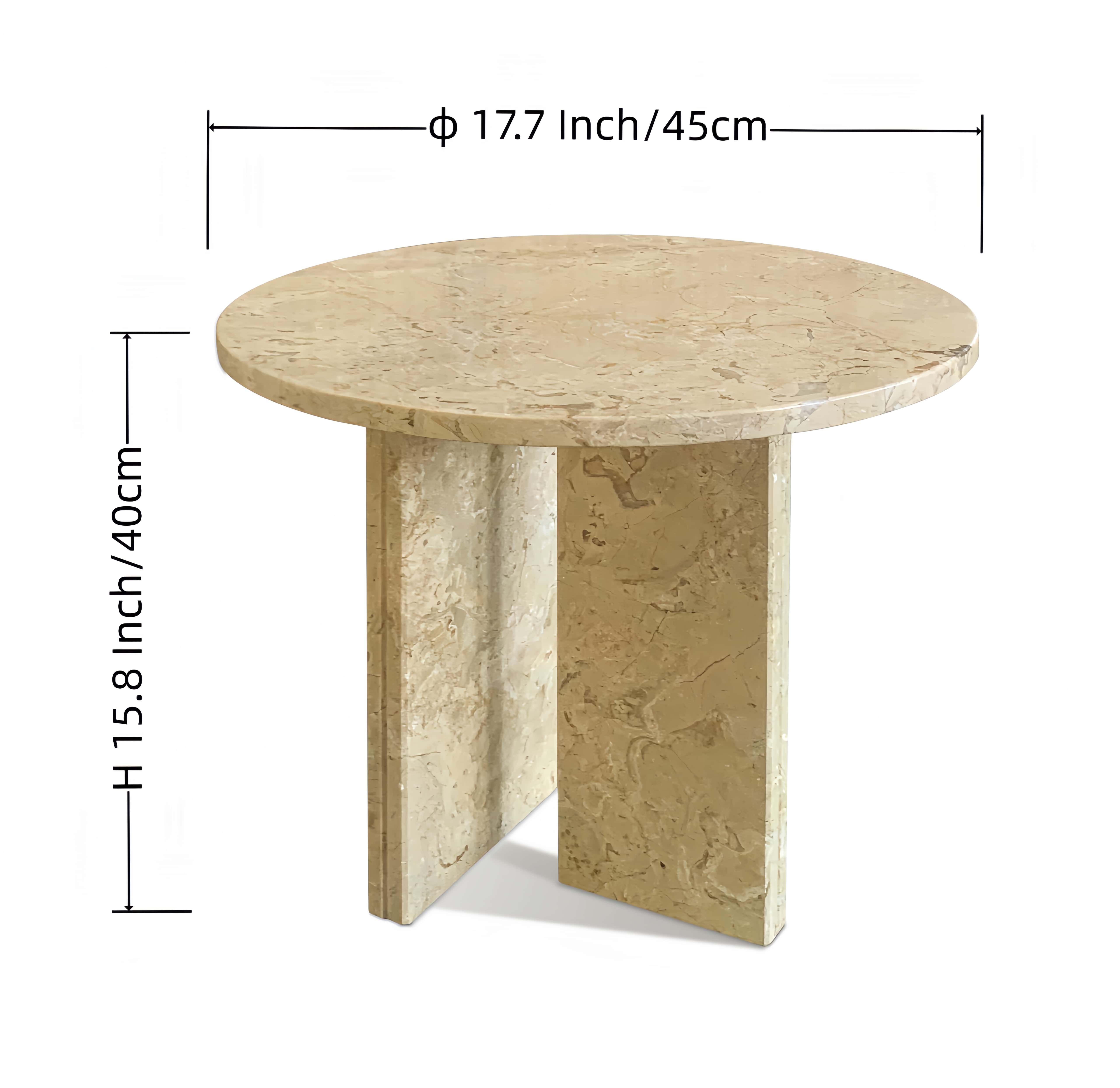 Dimension diagram of the Amber Gold round marble side table indicating 17.7-inch diameter and 15.8-inch height.