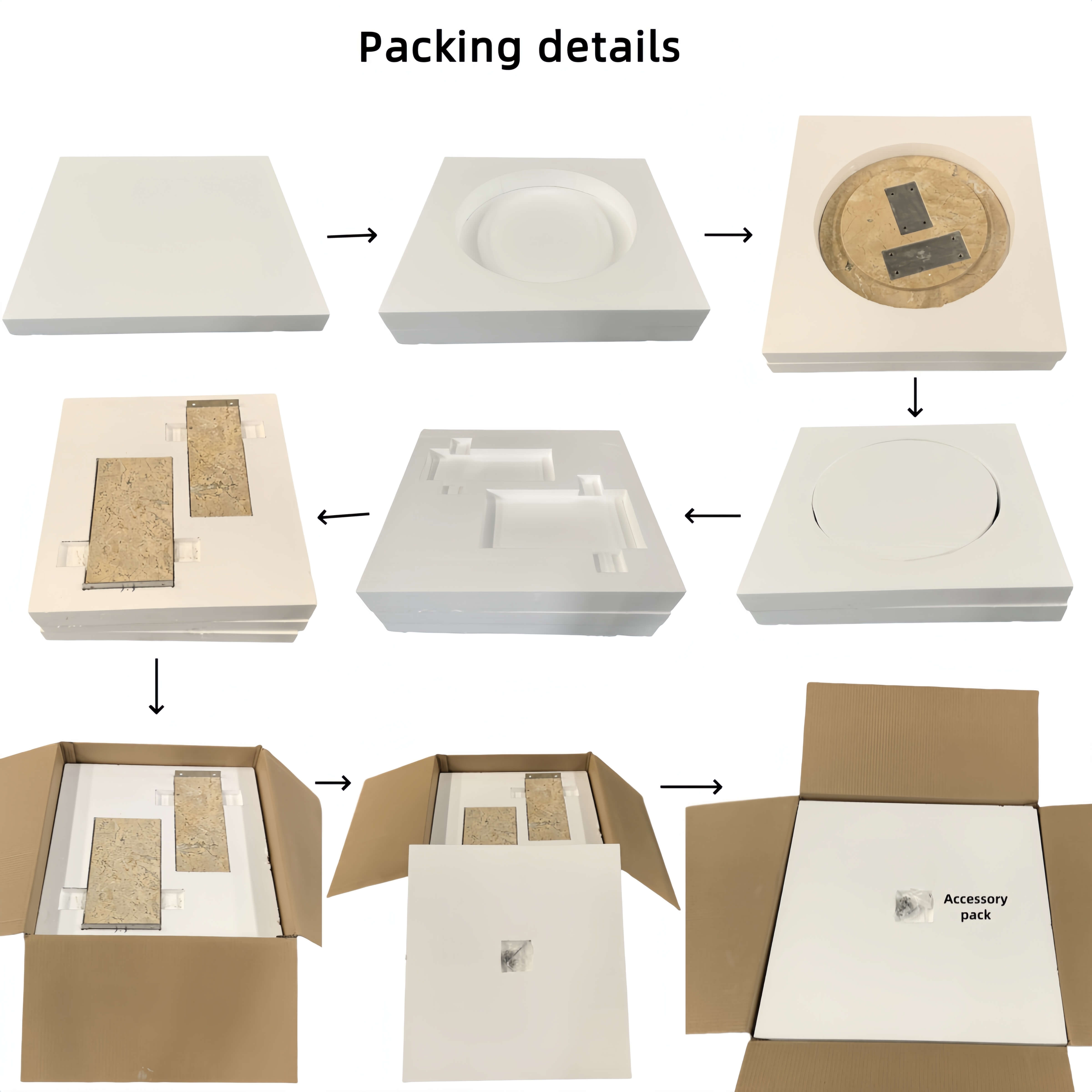 Step-by-step custom foam protective packaging layout for the Amber Gold marble side table with accessory pack.