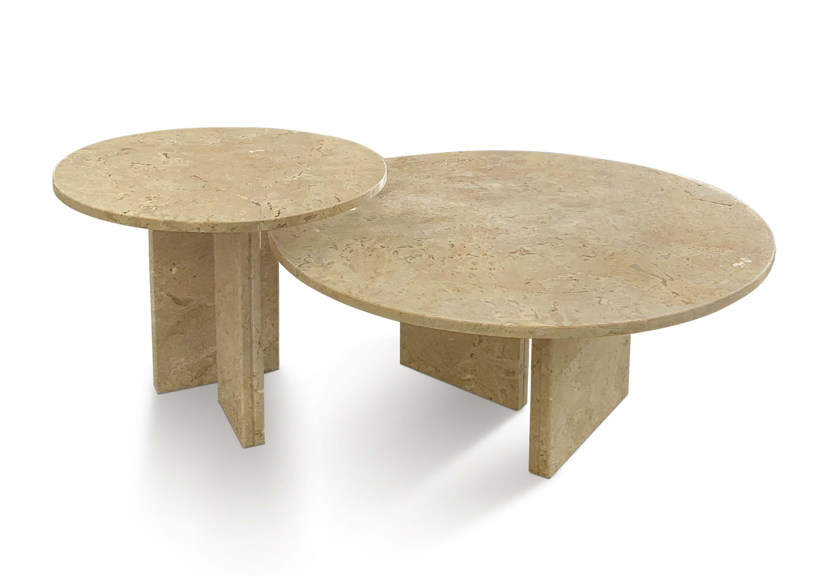 Alternate view of 2-piece Amber Gold marble nesting coffee tables showing polished round tops with natural veining.