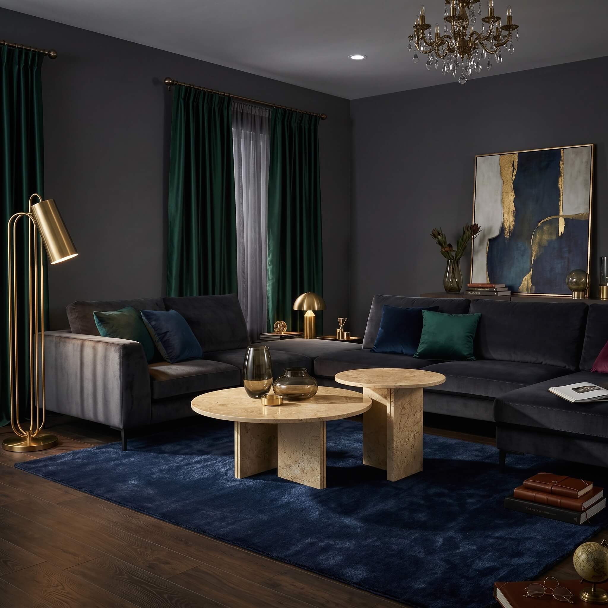 Amber Gold natural marble nesting coffee tables set in a dark luxury living room with velvet seating and brass decor.
