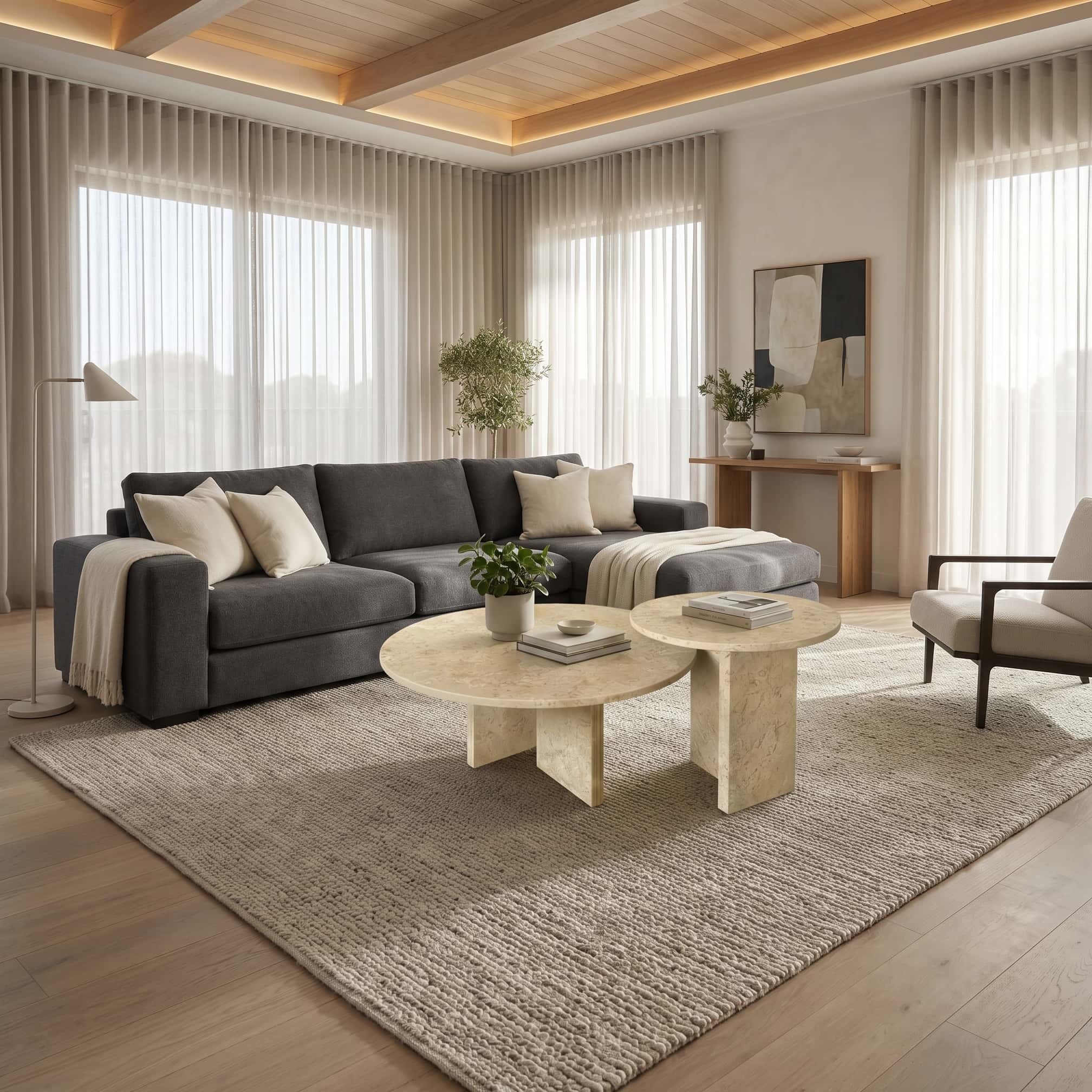 Amber Gold marble nesting coffee tables arranged on a textured area rug in front of a modern dark gray sectional.