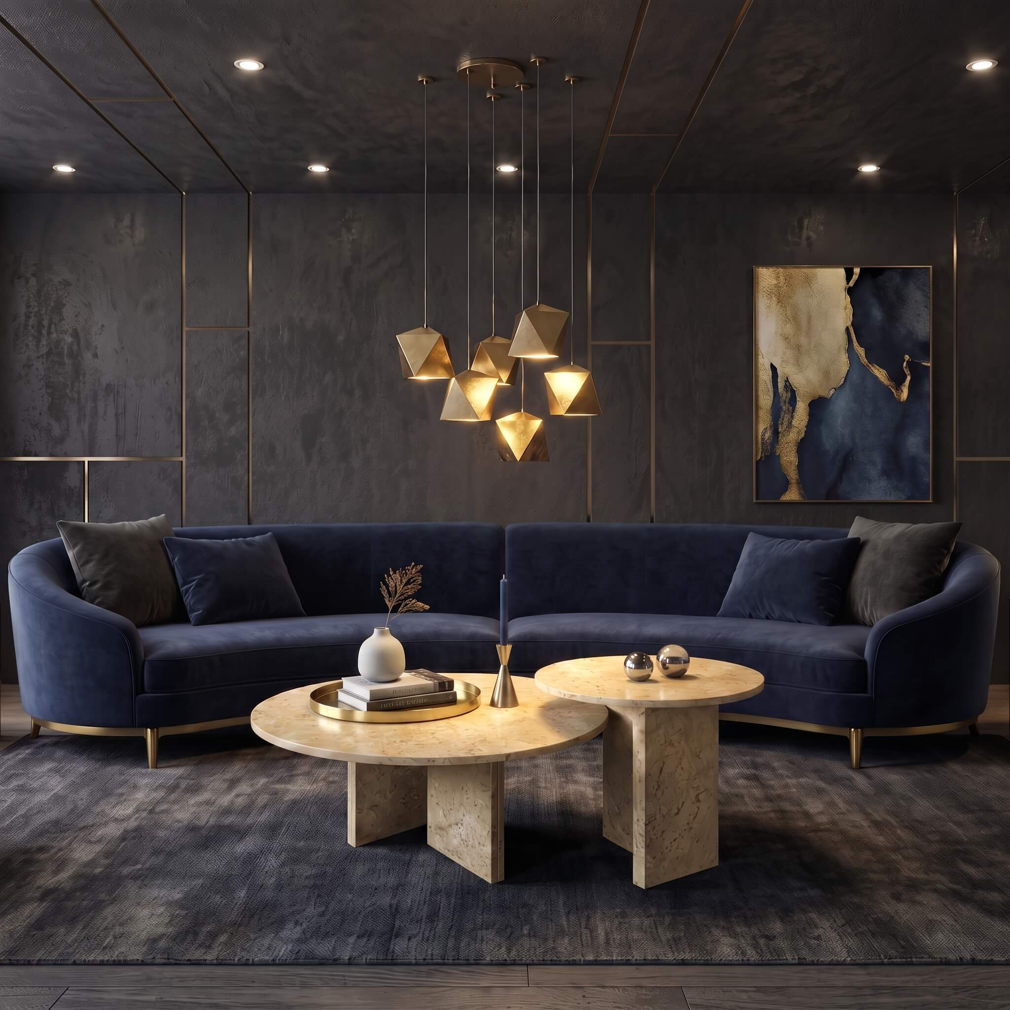 Amber Gold natural marble nesting tables paired with a navy blue velvet curved sofa and geometric brass lighting.