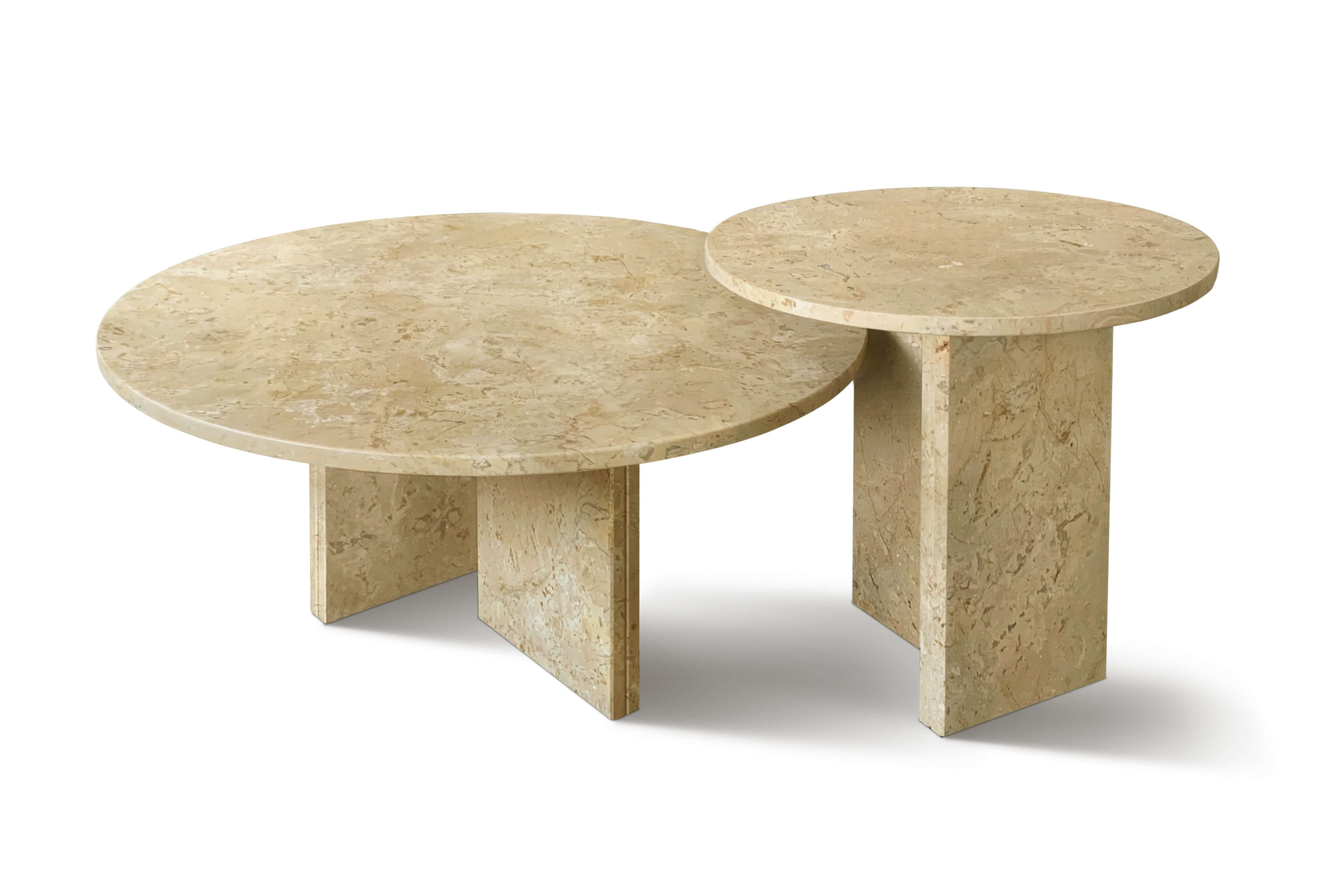 Amber Gold natural marble 2-piece nesting coffee table set featuring polished round tops and upright slab bases