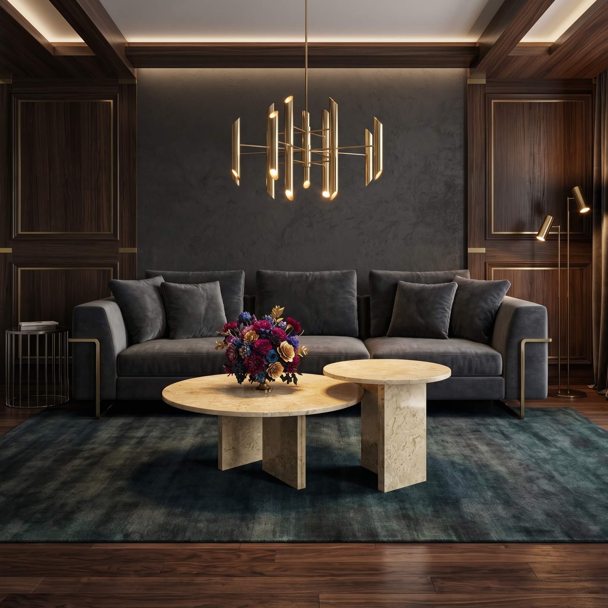 Amber Gold marble nesting coffee tables centered in an elegant room featuring dark wood wall paneling and gray sofa.