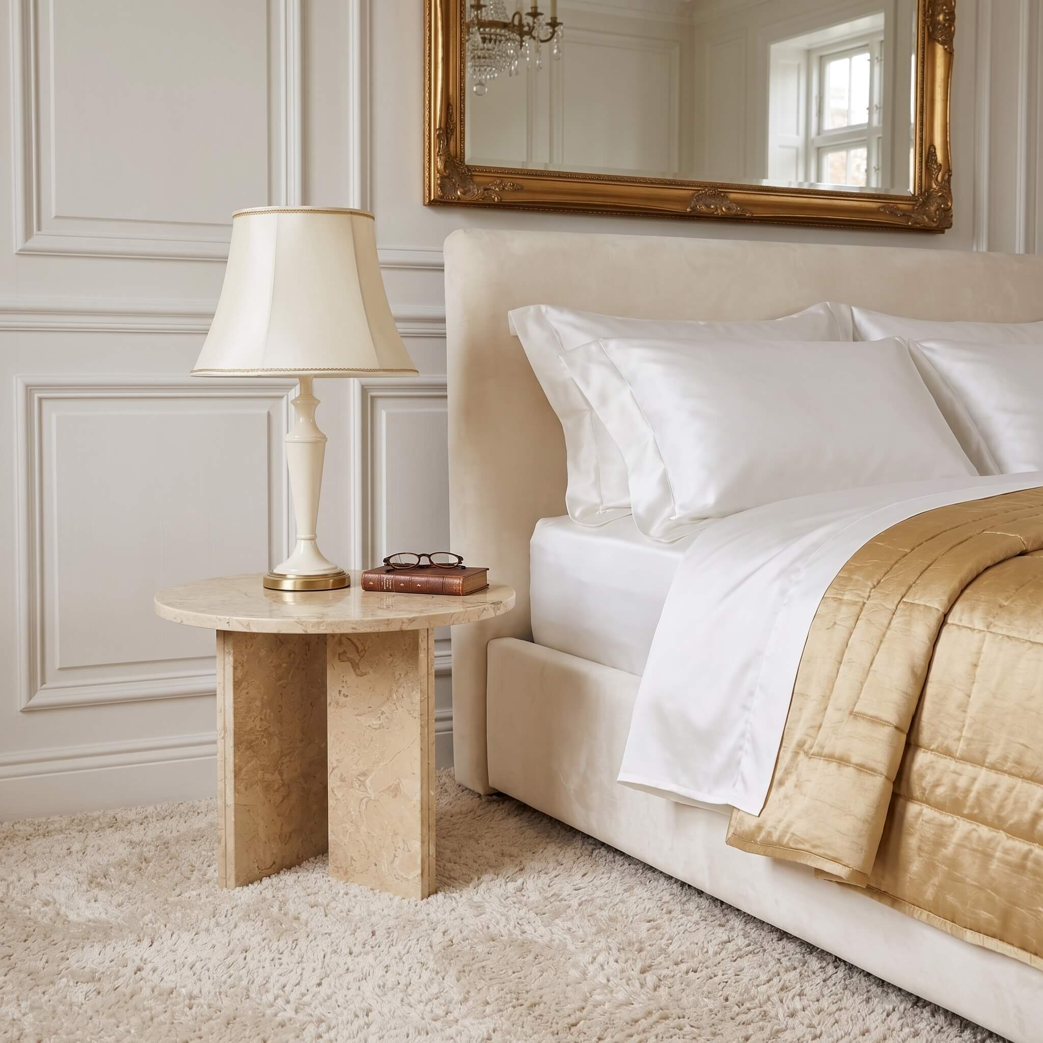 Amber Gold 45cm round marble table functioning as a luxury nightstand beside an upholstered bed in a bedroom.