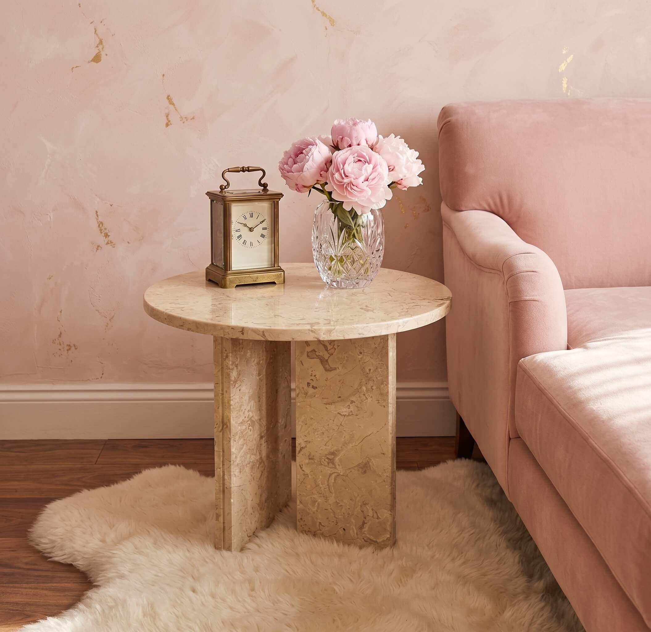Amber Gold 45cm marble side table holding pink peonies beside a blush pink sofa on a soft white sheepskin rug.